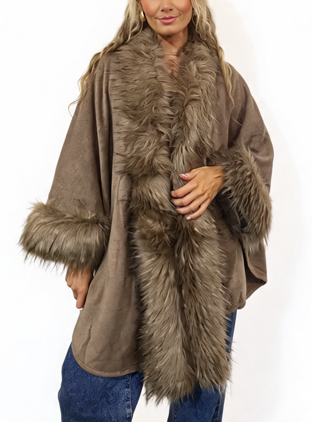 Oversized Faux Fur Trim Cape Open Front Poncho Wrap Shawl Cloak with Fluffy Collar and Cuffs