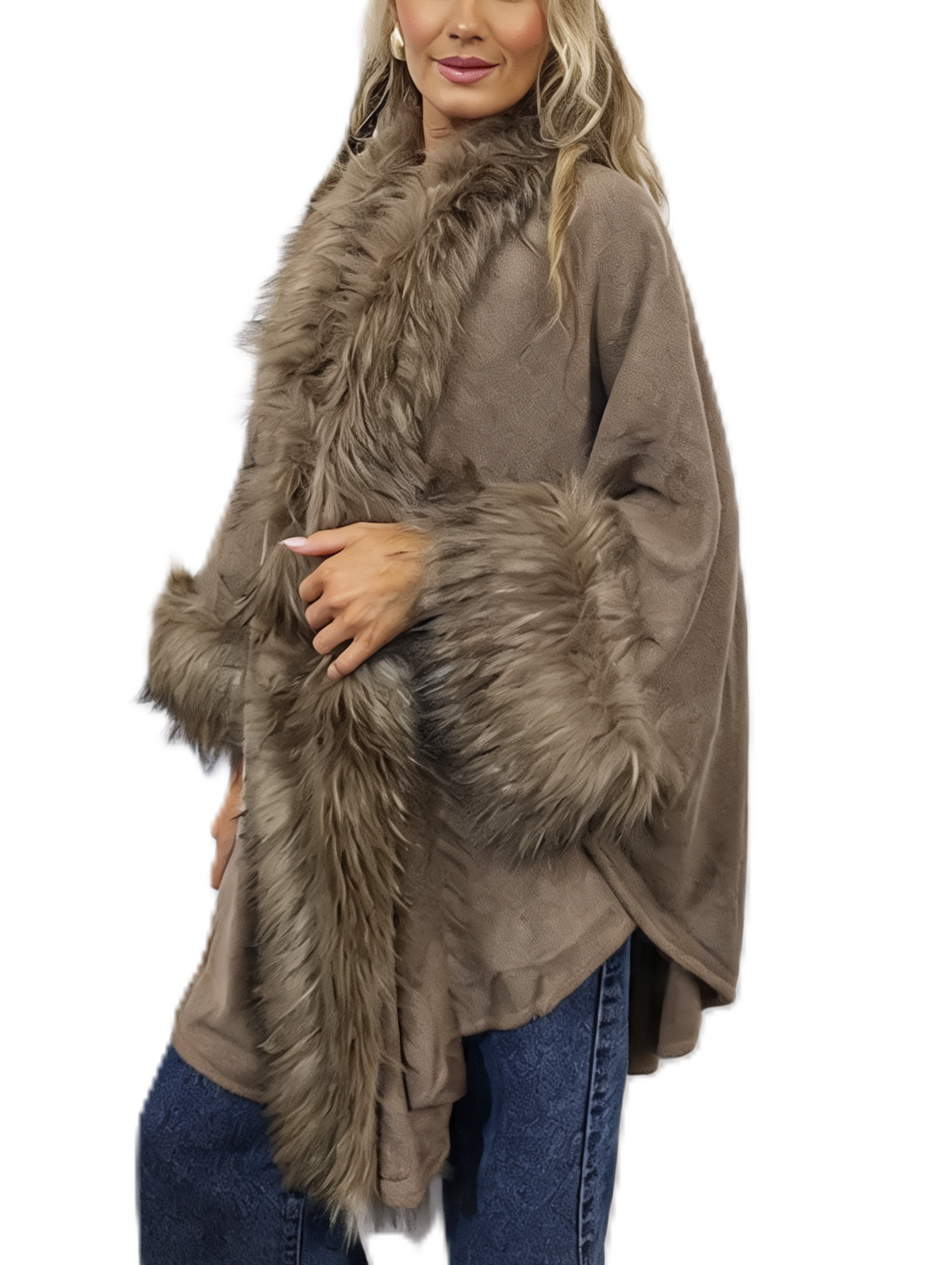 Oversized Faux Fur Trim Cape Open Front Poncho Wrap Shawl Cloak with Fluffy Collar and Cuffs