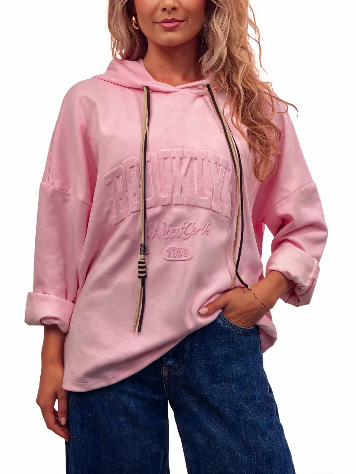 Pink oversized hooded sweatshirt with embossed 'Brooklyn New York' and contrast drawstrings