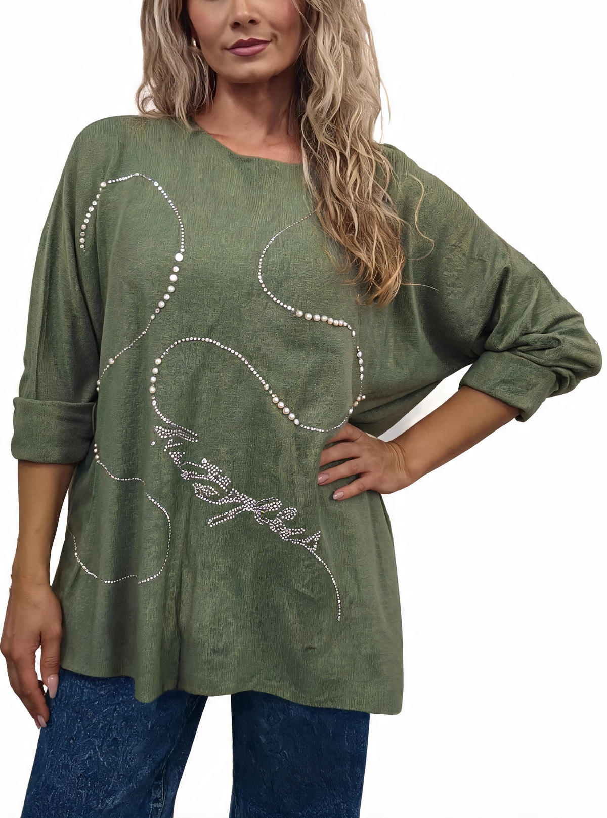 Oversized Crystal & Pearl Embellished Boat Neck with Abstract Line Art Design and Side Splits Jumper