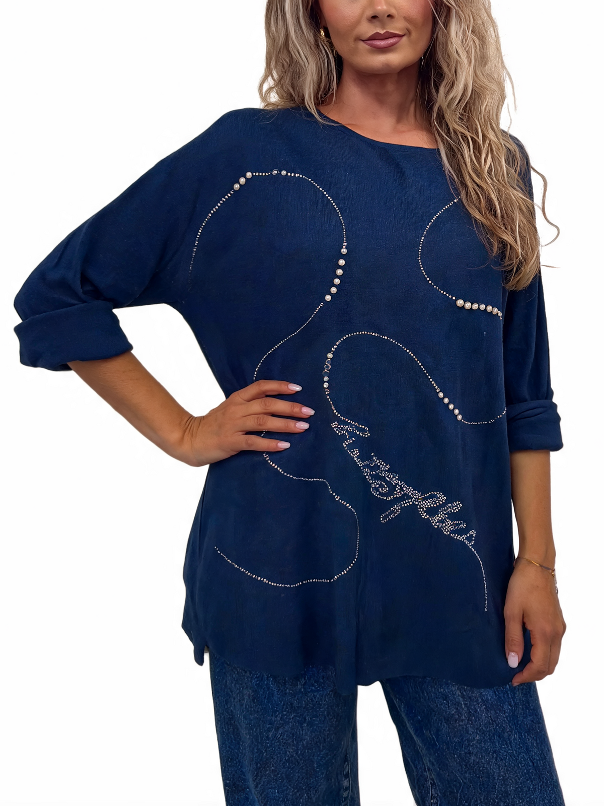 Oversized Crystal & Pearl Embellished Boat Neck with Abstract Line Art Design and Side Splits Jumper
