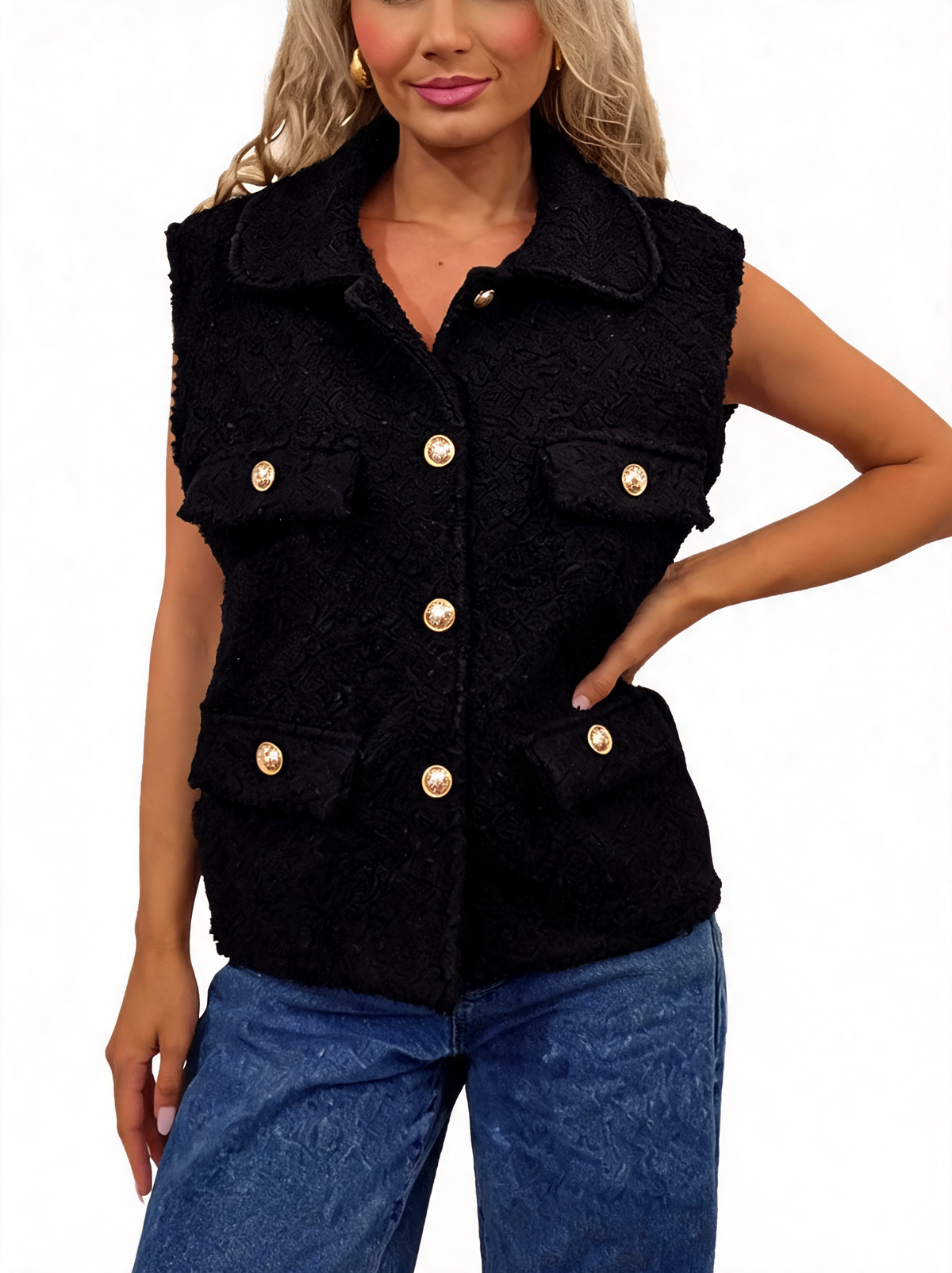 Black textured boucle sleeveless gilet with collar, four flap pockets, gold buttons