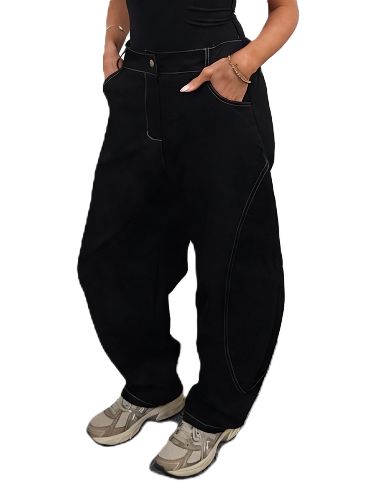 High Waisted Barrel-Curved Leg Contrast Stitch Baggy Cotton Twill Pants with Pockets