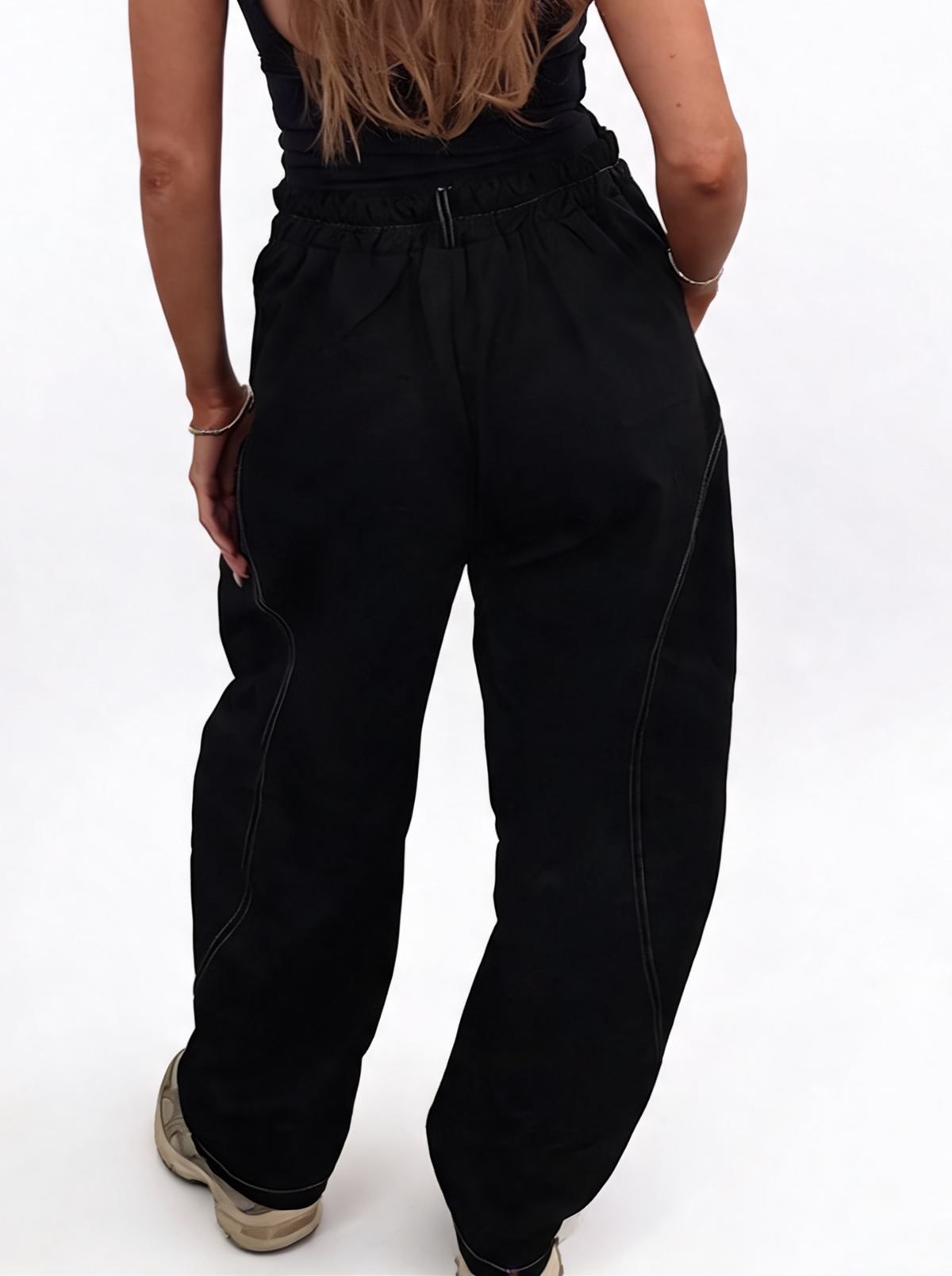 High Waisted Barrel-Curved Leg Contrast Stitch Baggy Cotton Twill Pants with Pockets