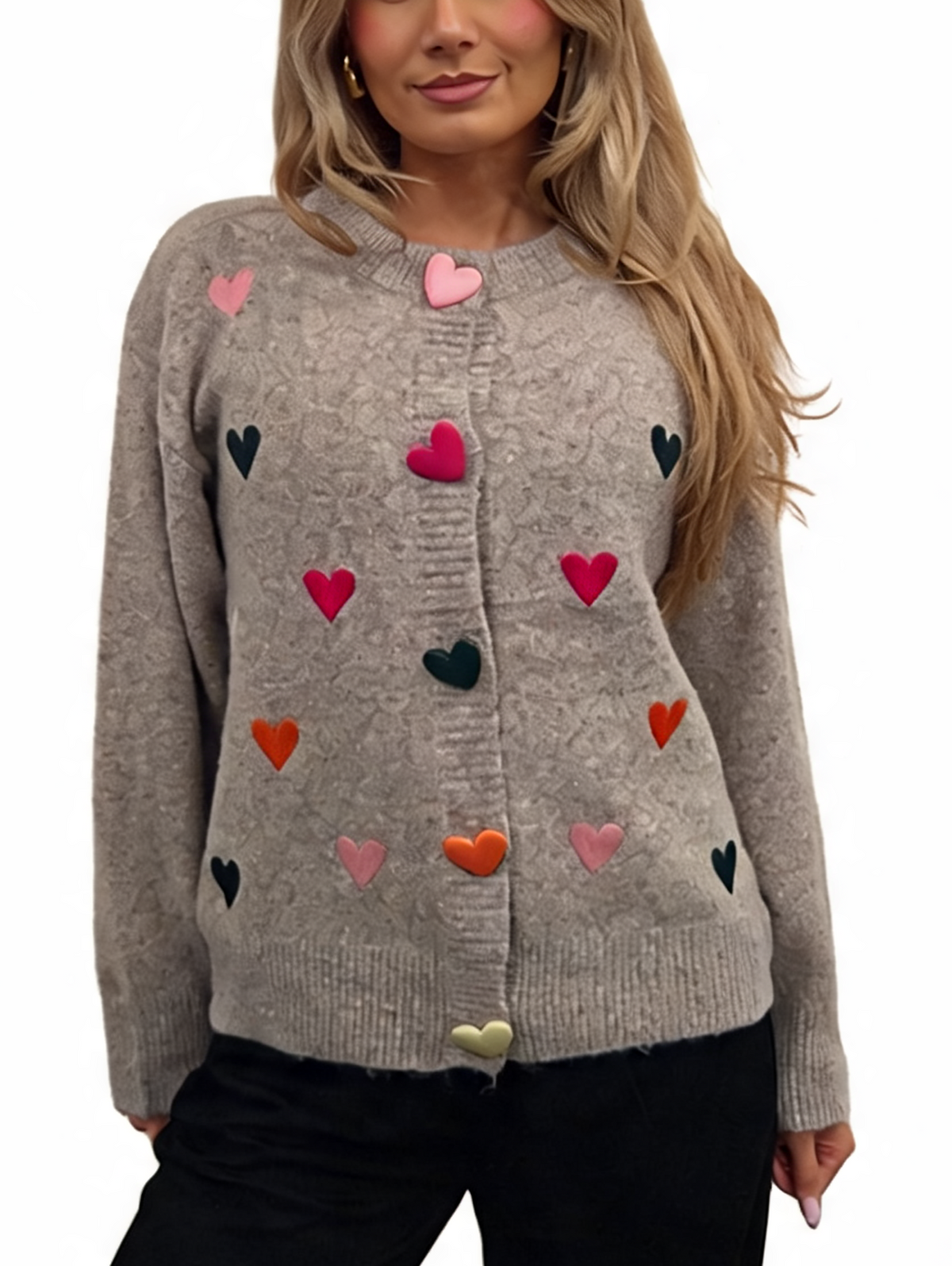 Textured Knit Heart Detail Cardigan with Heart Button Front