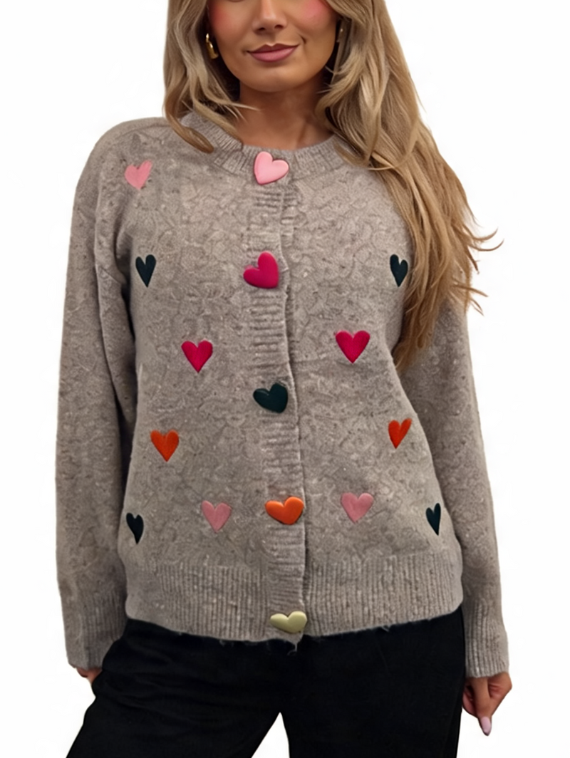 Mocha textured knit cardigan with colorful heart details, heart-shaped buttons, crew neck and ribbed trim