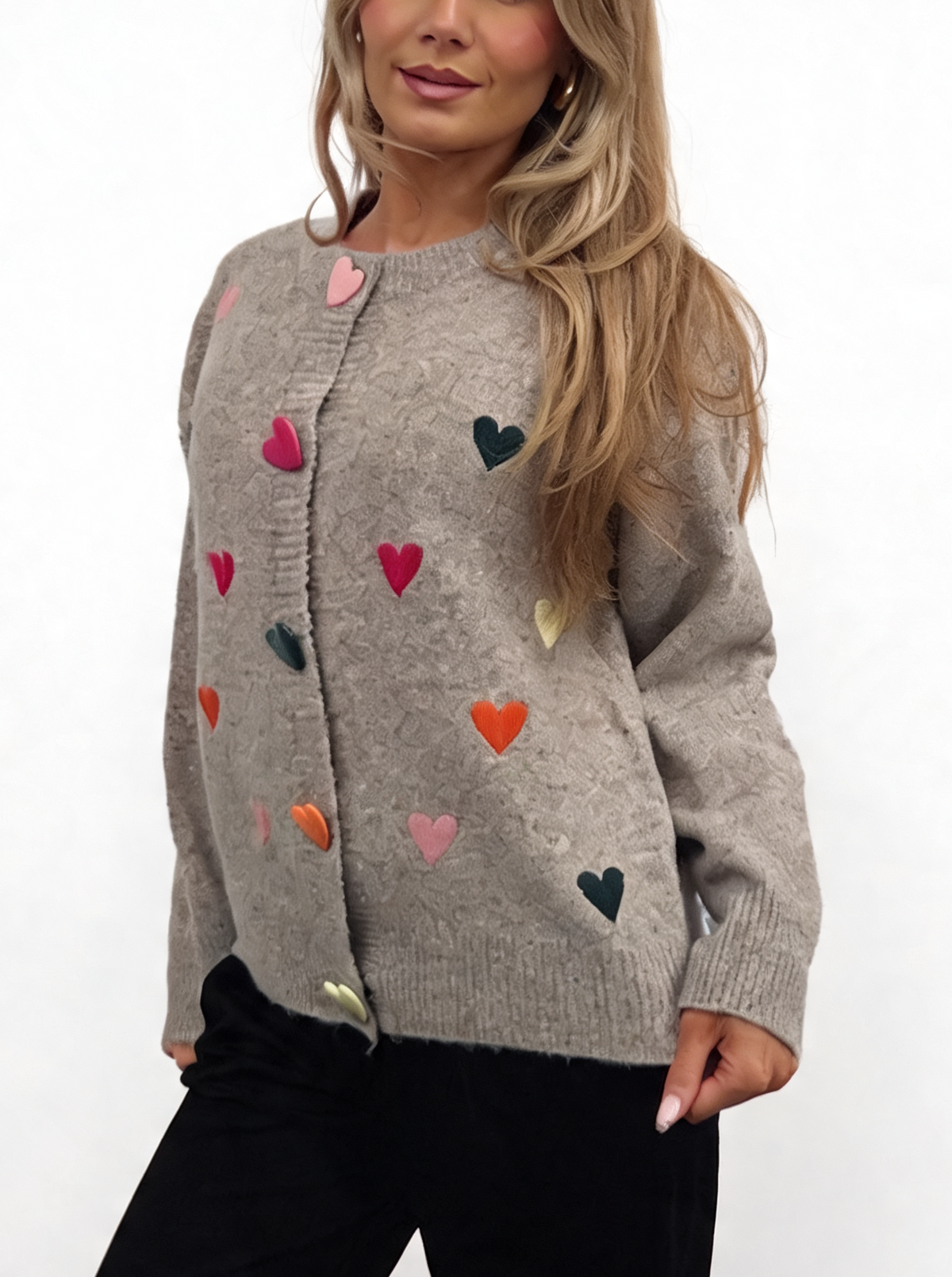 Textured Knit Heart Detail Cardigan with Heart Button Front