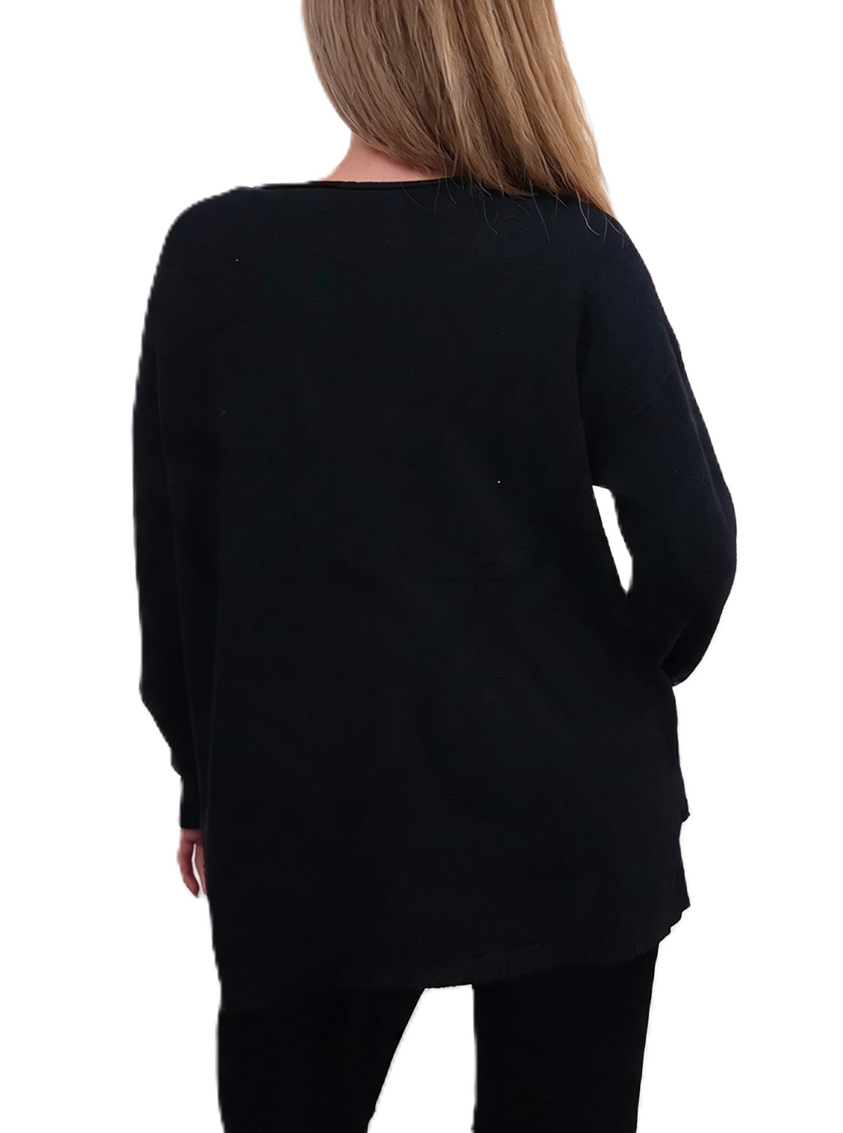 Back view of a black oversized knit top with a plain hem
