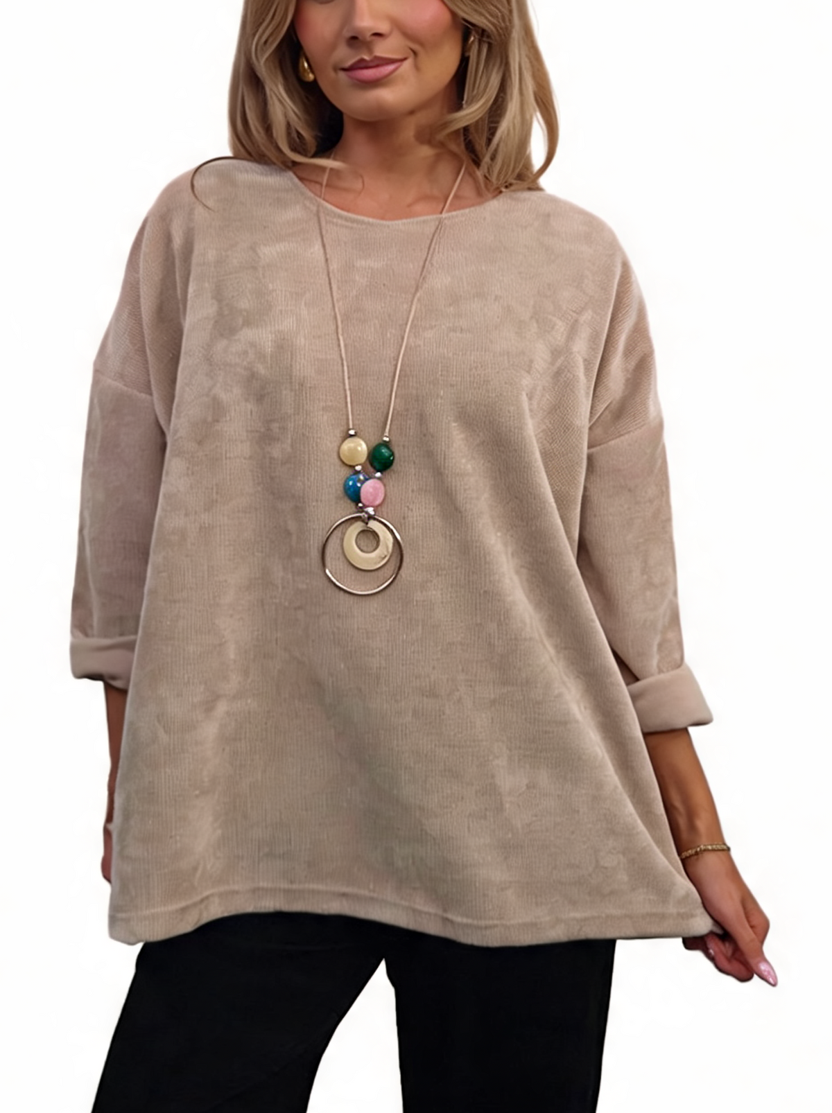 Stone oversized chenille knit top with rolled cuffs and a beaded pendant necklace