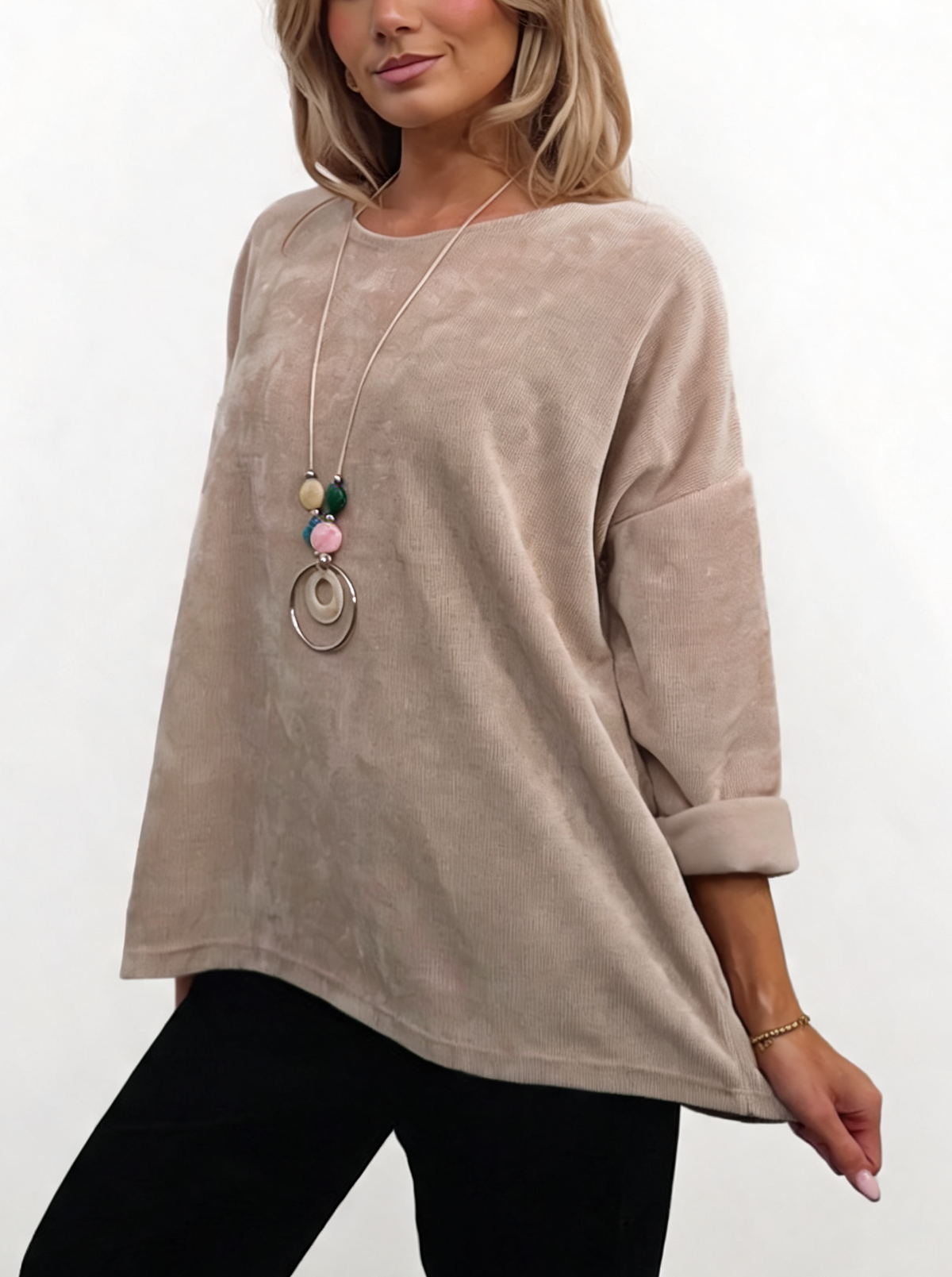 Stone oversized chenille knit top with rolled cuffs, shown at an angle