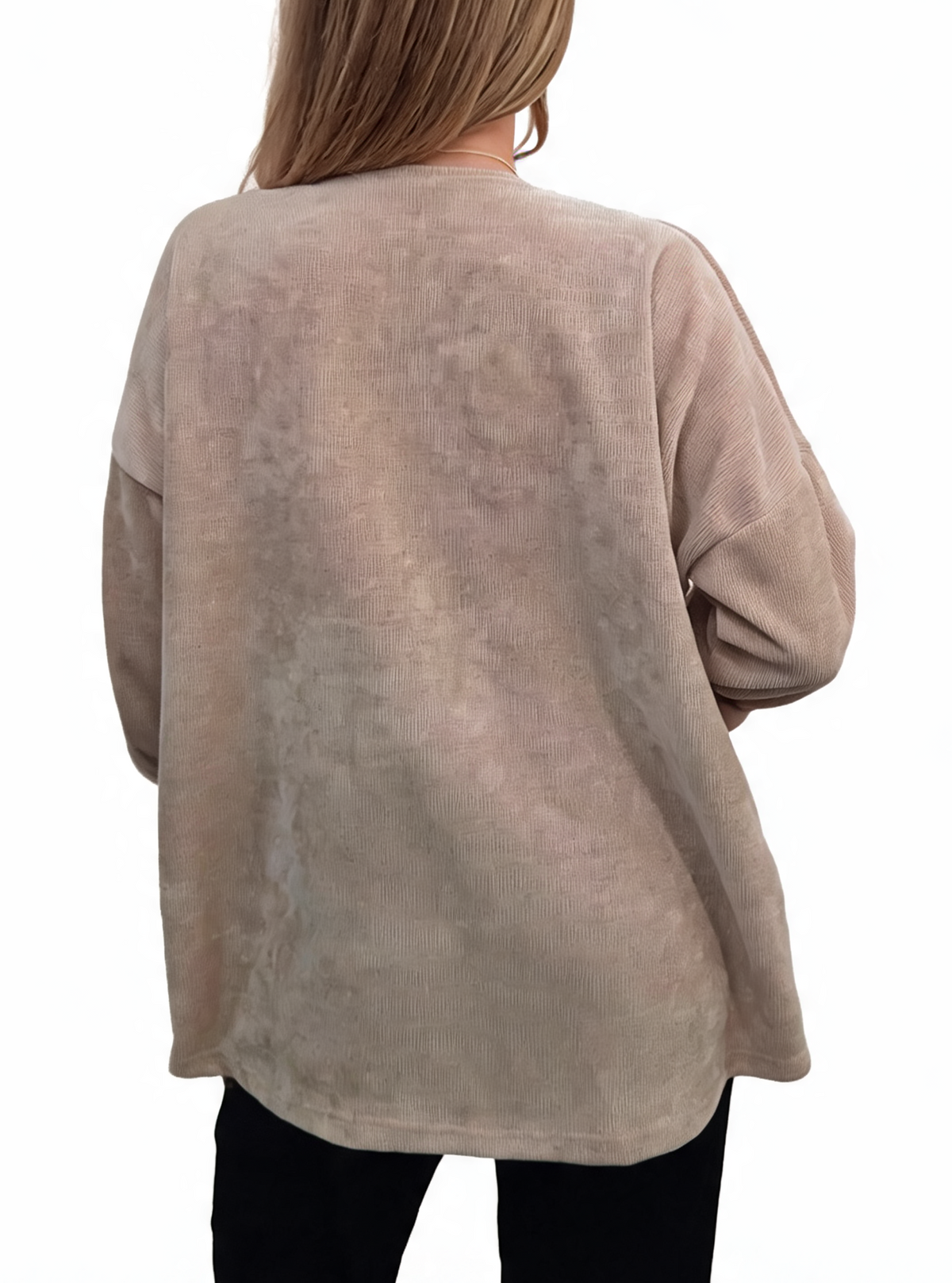 Oversized taupe chenille knit top, back view with loose fit and long sleeves