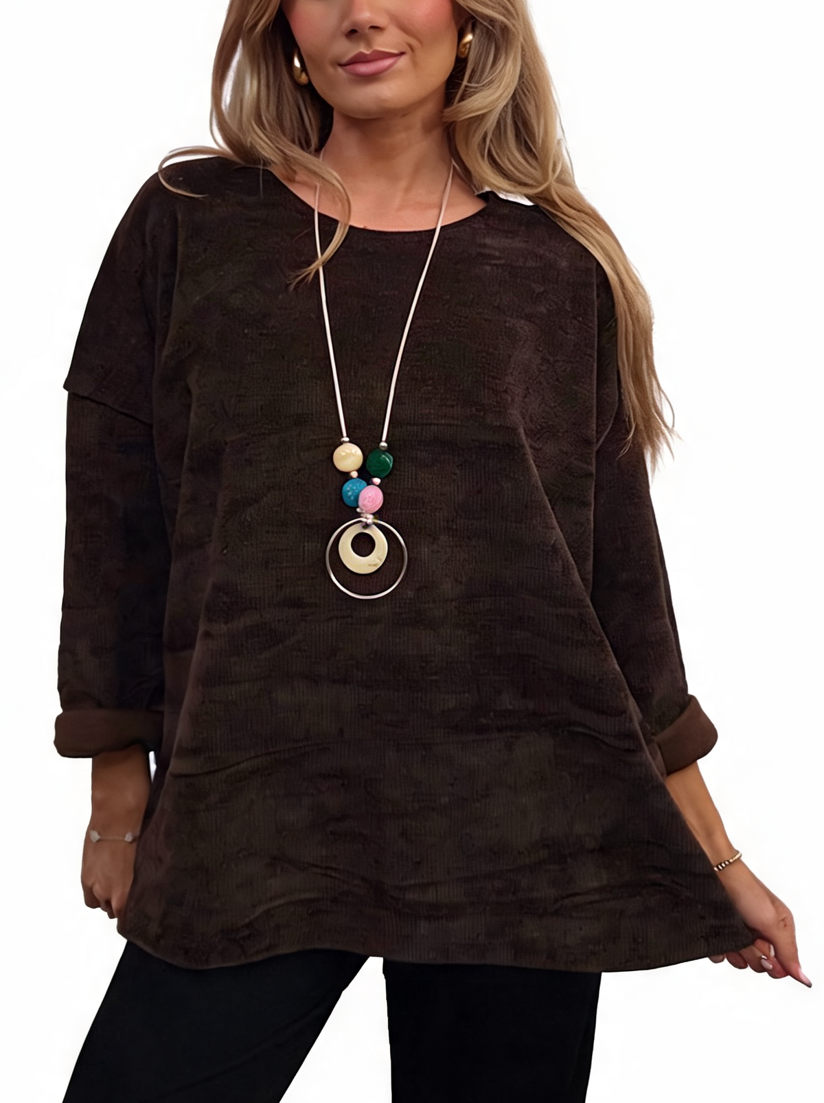Oversized brown chenille knit top with rolled cuffs and a beaded pendant necklace