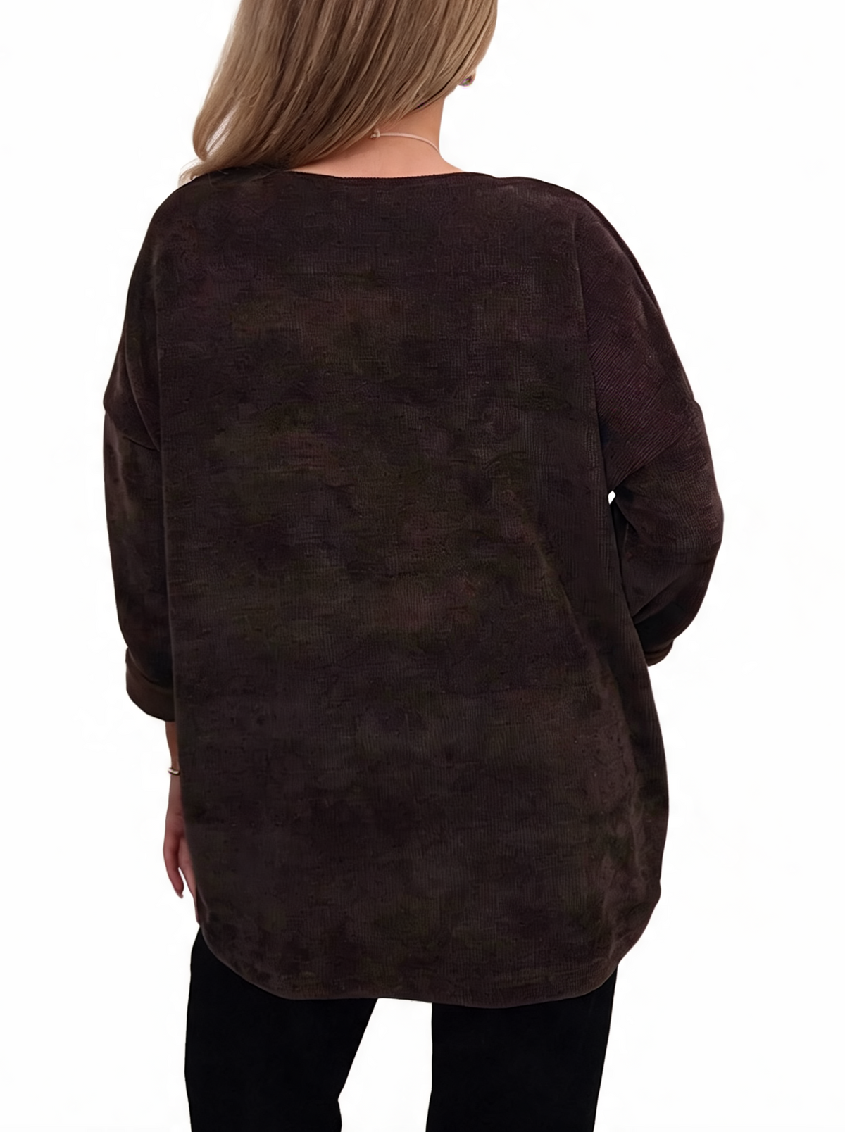 Dark brown oversized chenille knit top, back view with long sleeves