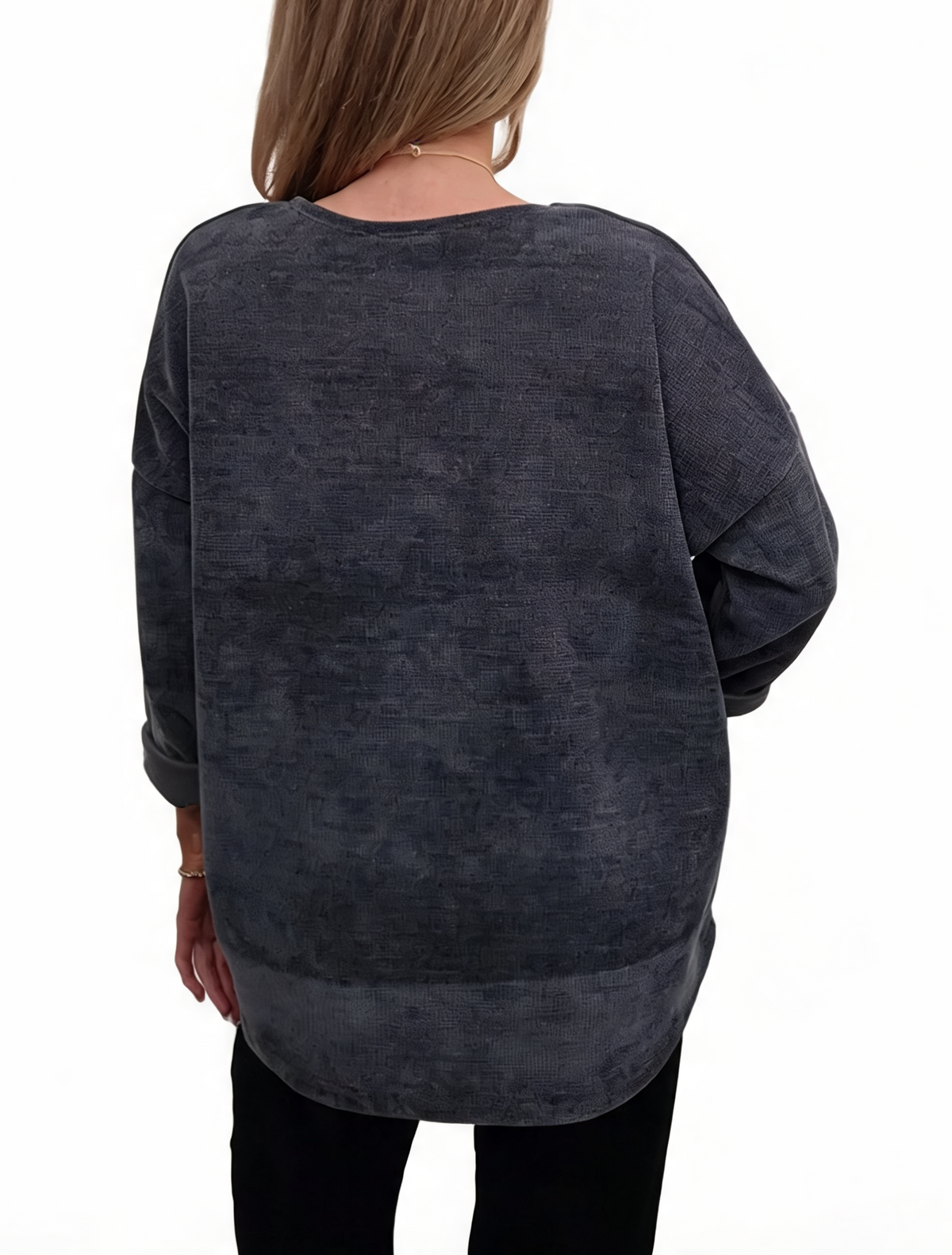 Charcoal oversized chenille knit top, back view with long sleeves
