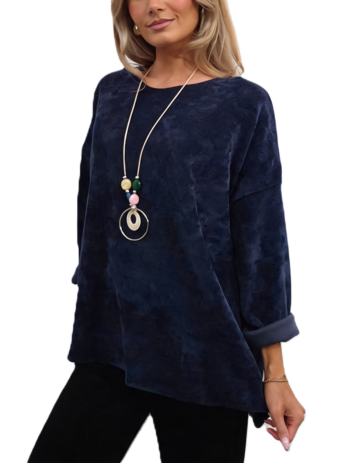 Navy oversized chenille knit top with necklace, front view and rolled cuffs