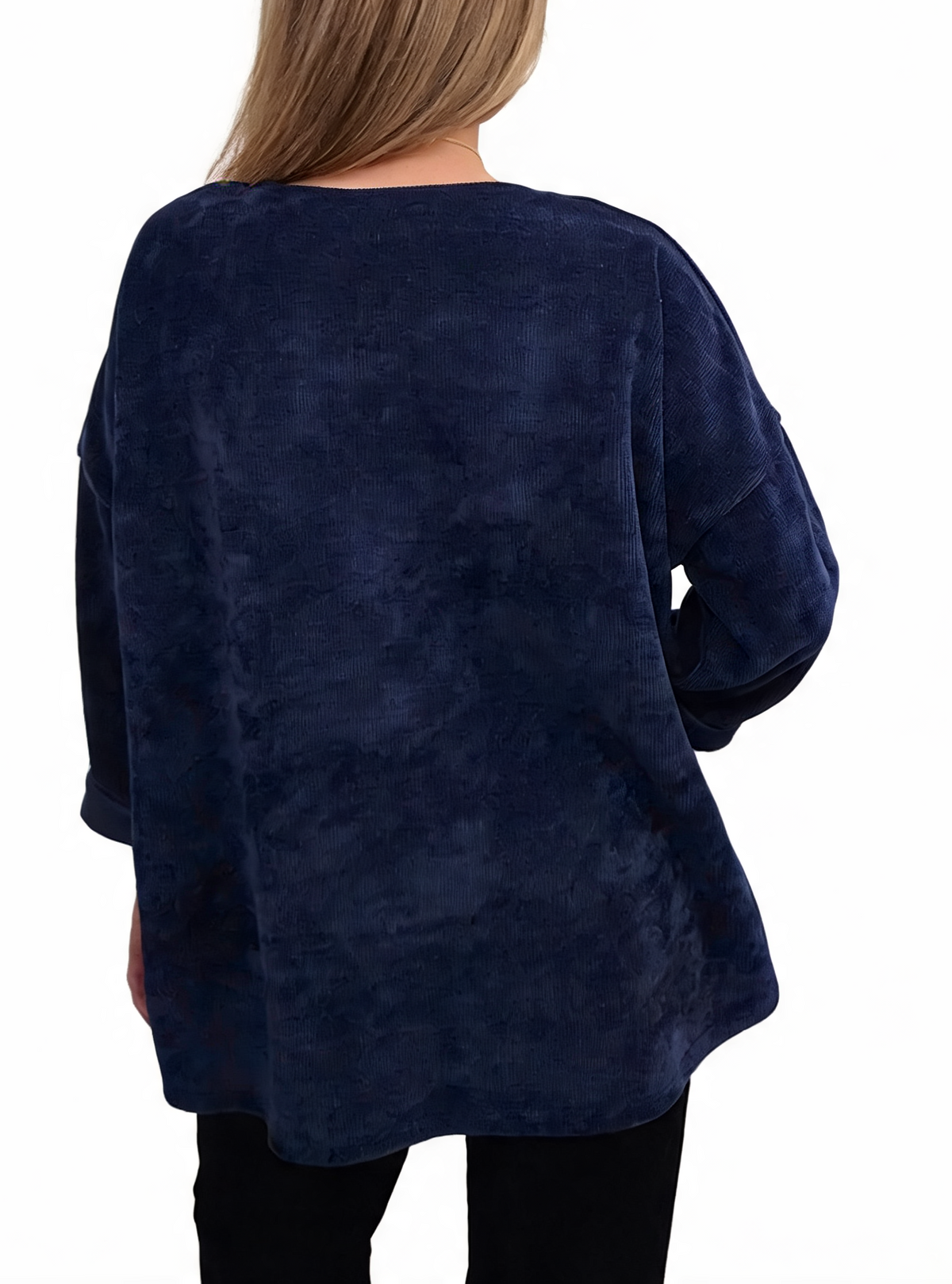 Navy oversized chenille knit top, back view with loose fit