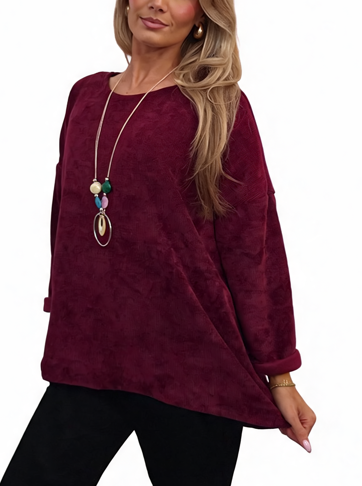 Burgundy oversized chenille knit top with rolled cuffs, shown at an angle