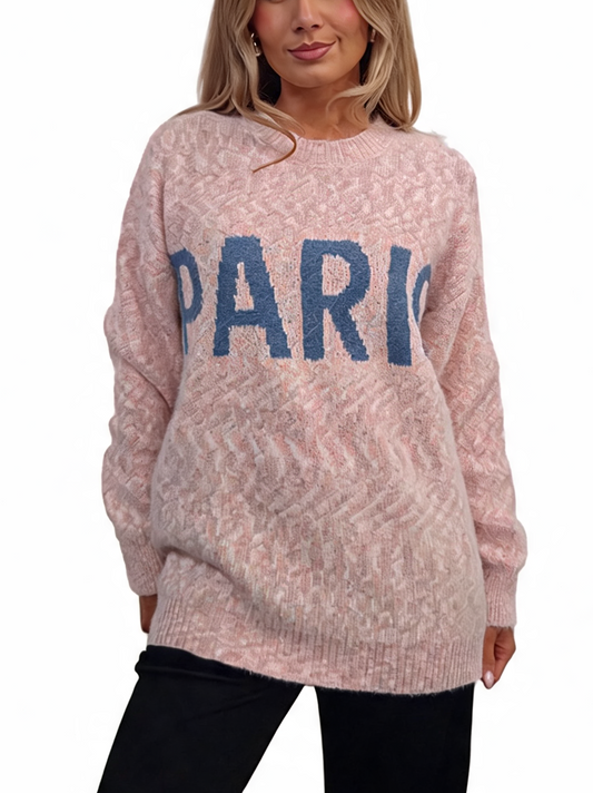 Oversized peach fluffy knit jumper with blue PARIS slogan and textured pattern