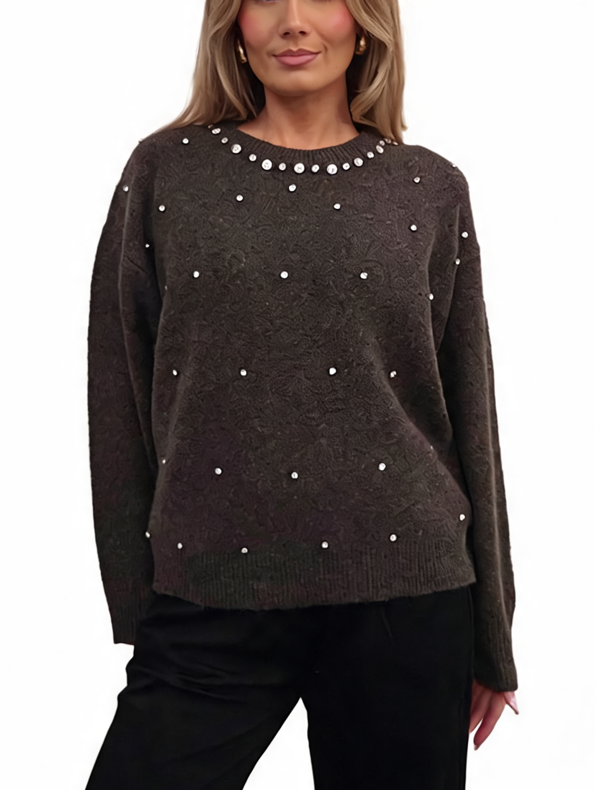 Diamante Embellished Soft Knit Drop Shoulder Sparkle Sweater