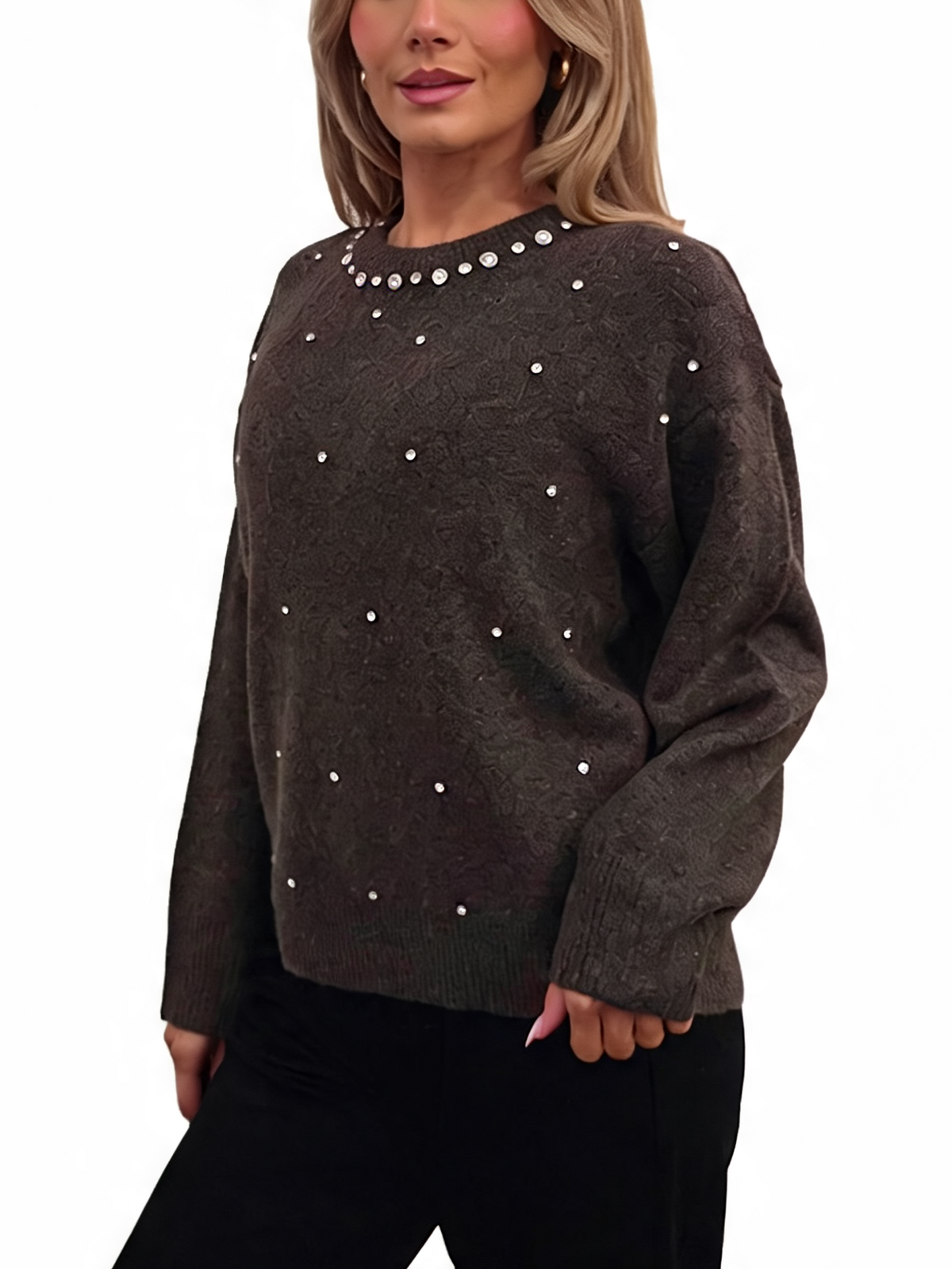 Diamante Embellished Soft Knit Drop Shoulder Sparkle Sweater