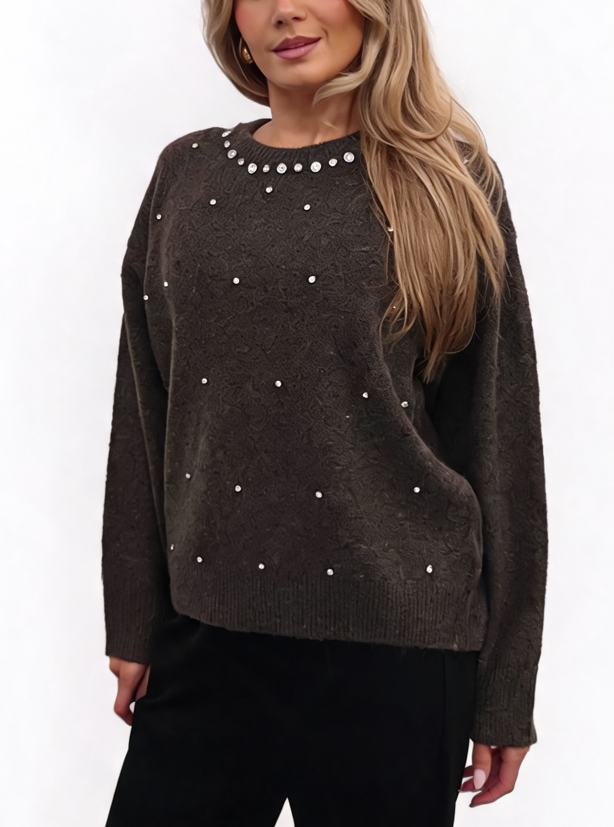 Diamante Embellished Soft Knit Drop Shoulder Sparkle Sweater