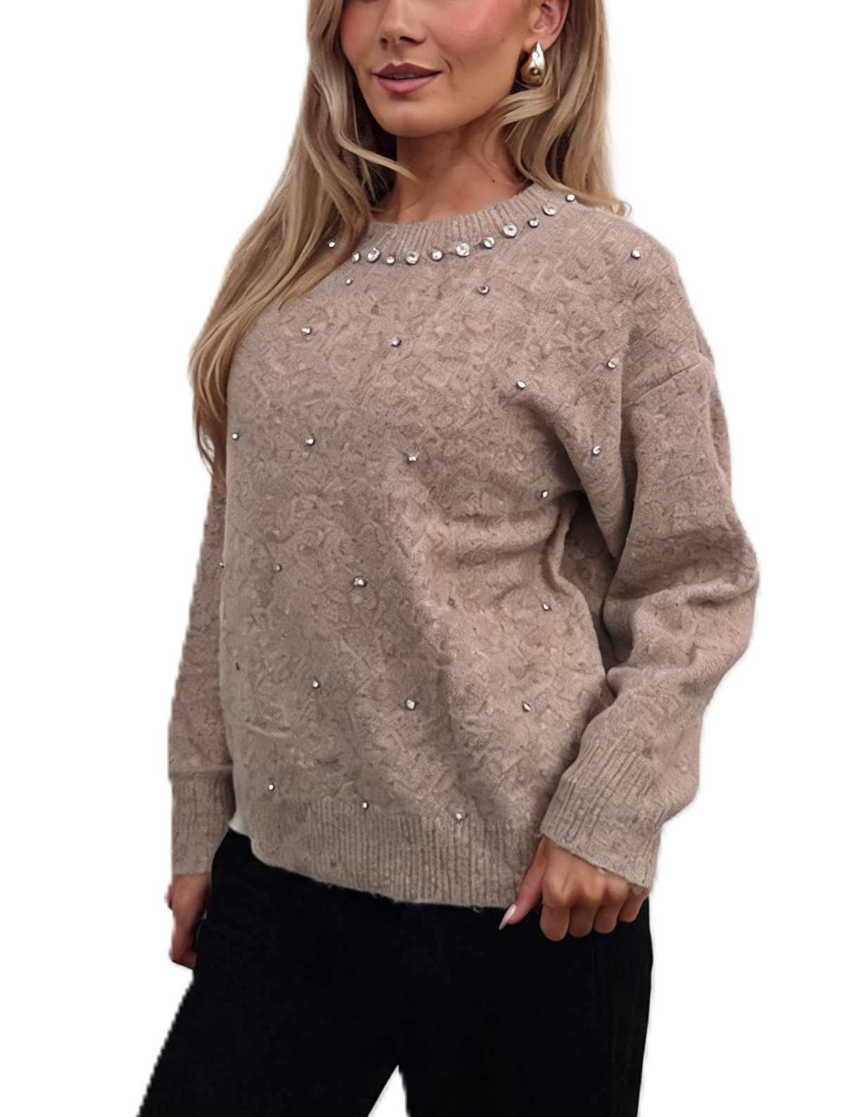 Diamante Embellished Soft Knit Drop Shoulder Sparkle Sweater