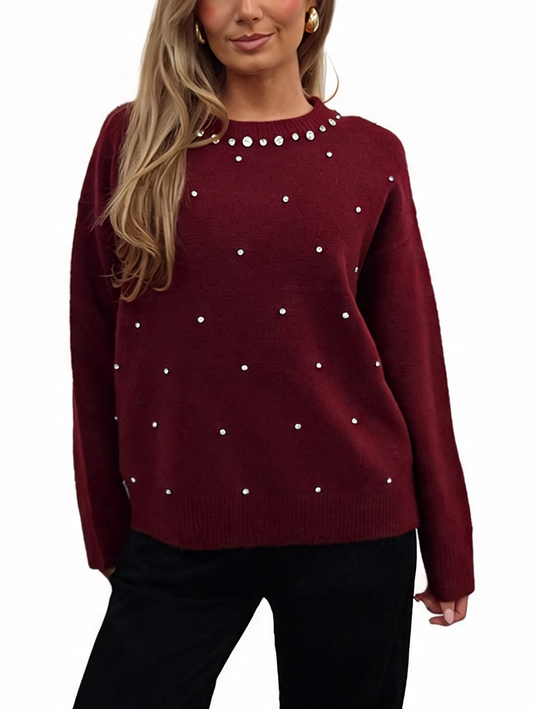 Wine knit sweater with drop shoulders and rhinestone embellishments around the neck and front