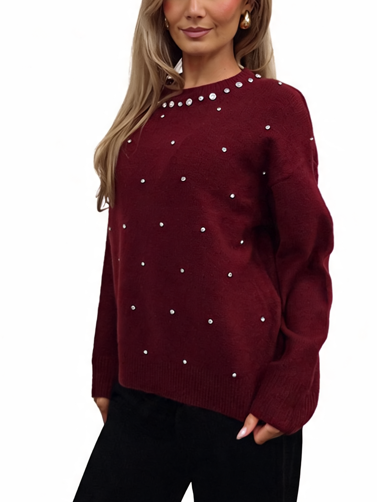 Diamante Embellished Soft Knit Drop Shoulder Sparkle Sweater