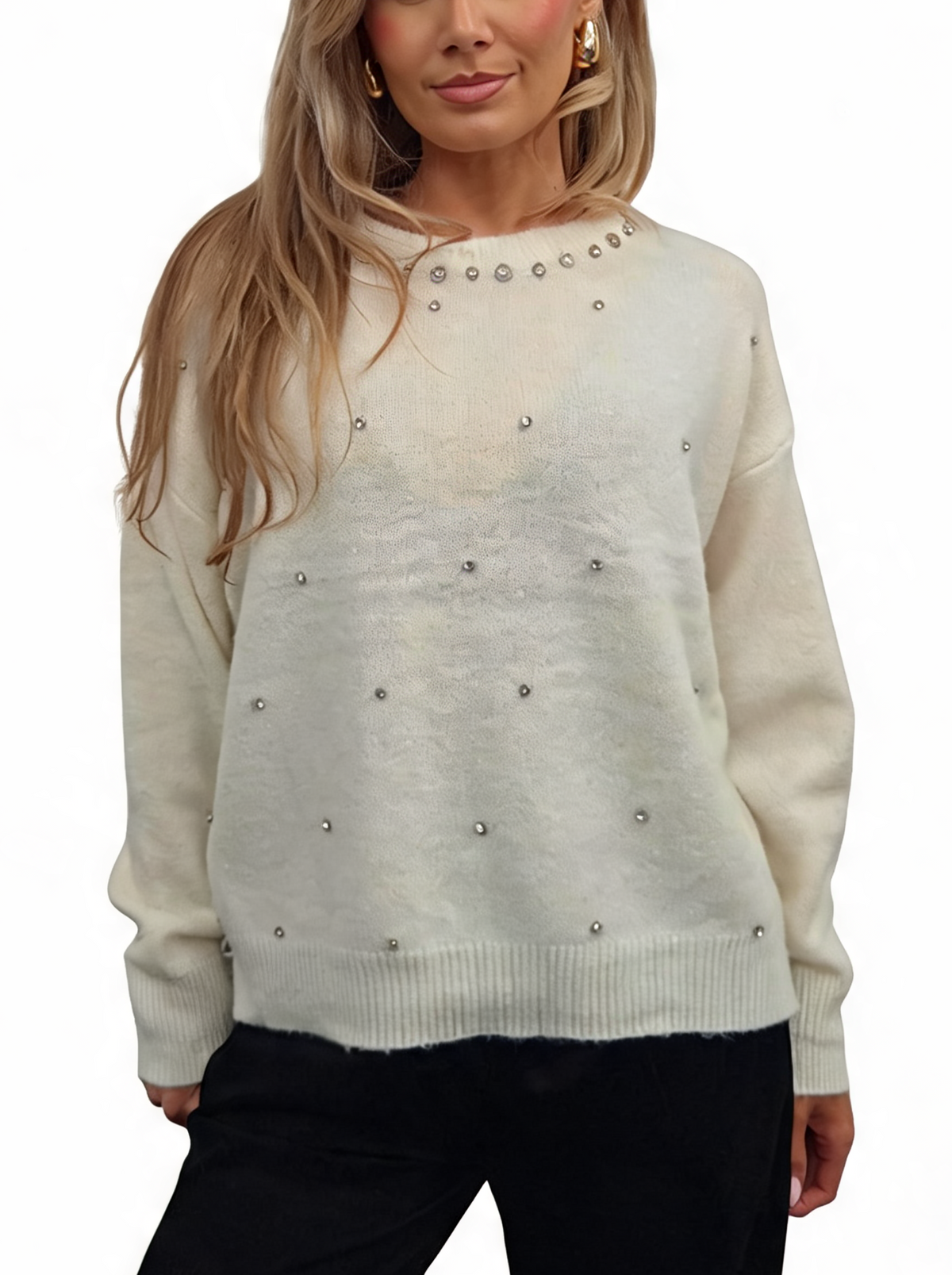 Diamante Embellished Soft Knit Drop Shoulder Sparkle Sweater