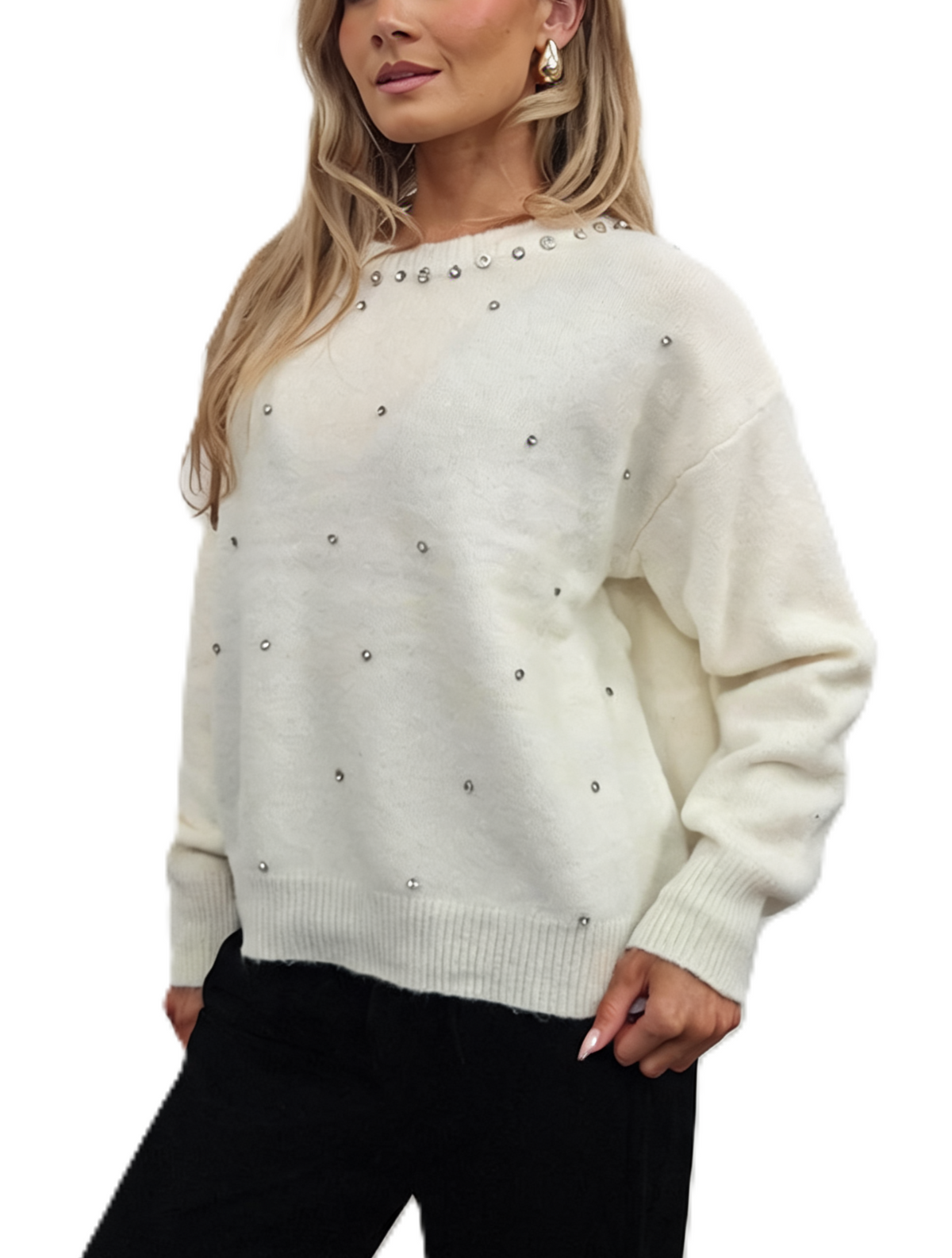 Diamante Embellished Soft Knit Drop Shoulder Sparkle Sweater