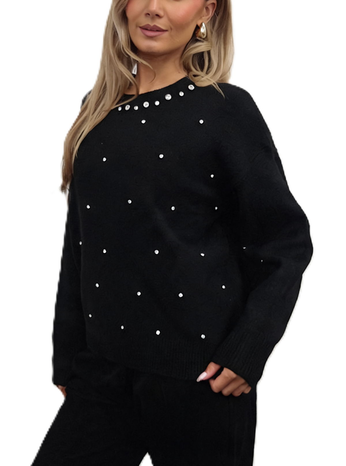 Diamante Embellished Soft Knit Drop Shoulder Sparkle Sweater