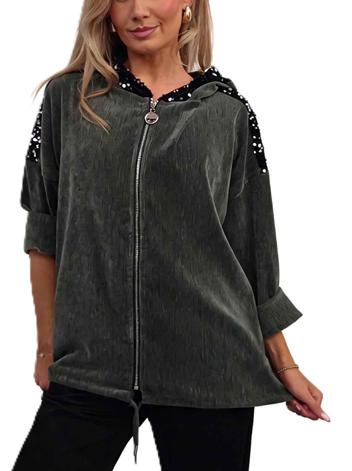 Khaki velvet hooded jacket with sequin shoulder trim and front zipper