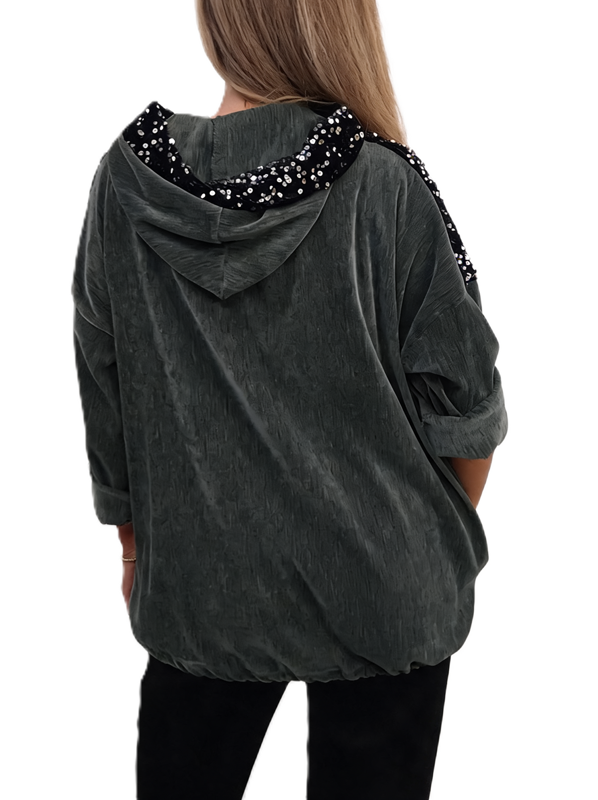 Back of dark gray velvet hooded jacket with sequin trim and rolled cuffs