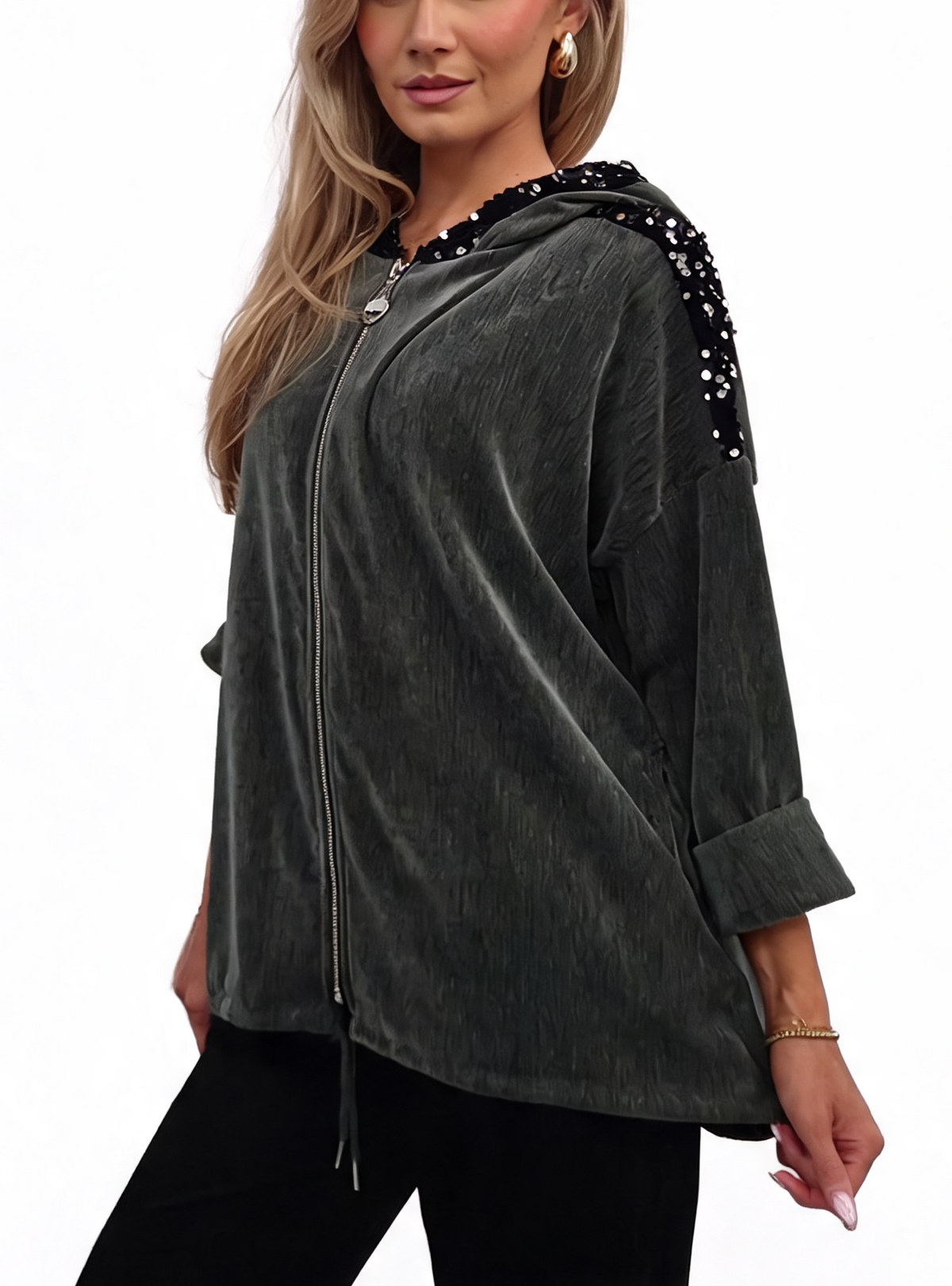 Dark gray velvet hooded jacket with sequin-trimmed shoulders, front zipper, and rolled cuffs
