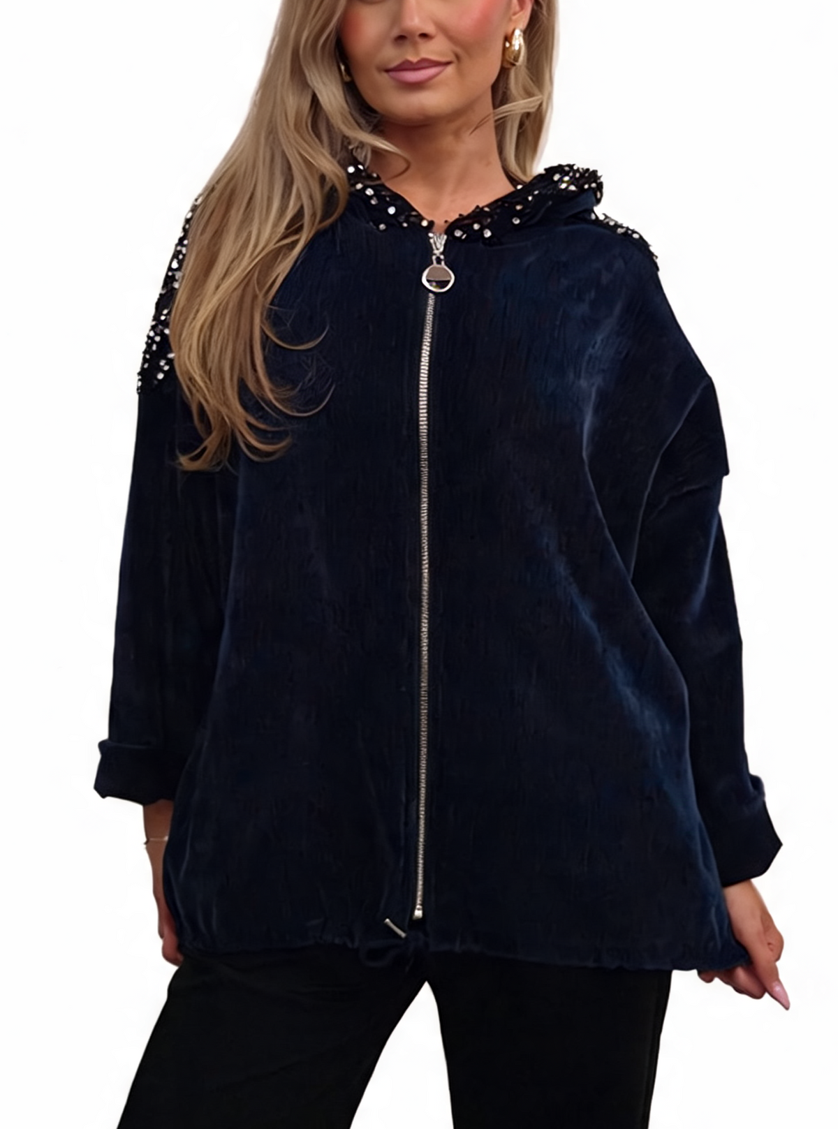 Navy velvet hooded jacket with sequin trim and front zipper