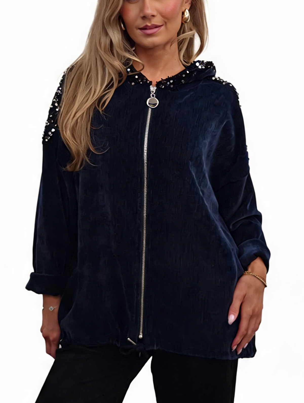 Navy velvet hooded jacket with sequin trim, shown from the front