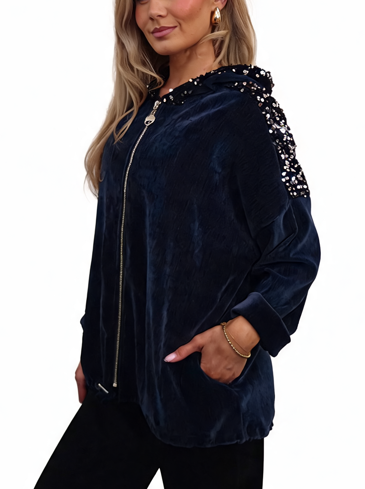 Navy velvet jacket with sequin-trimmed hood and shoulder, front pocket visible