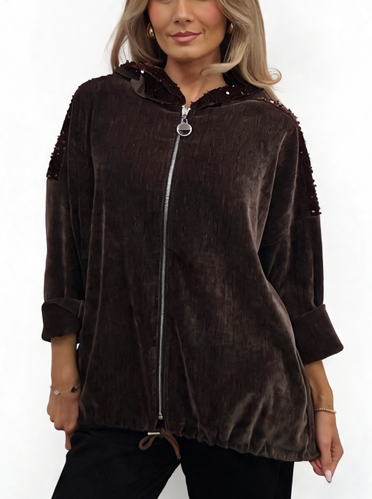 Brown velvet hooded jacket with sequin trim, front zipper and drawstring hem