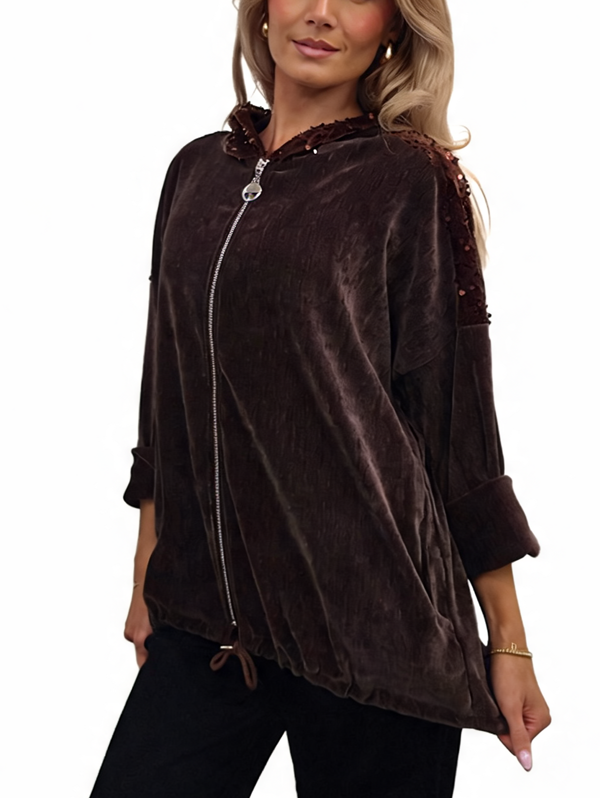 Brown velvet jacket with sequin-trimmed hood and front zipper