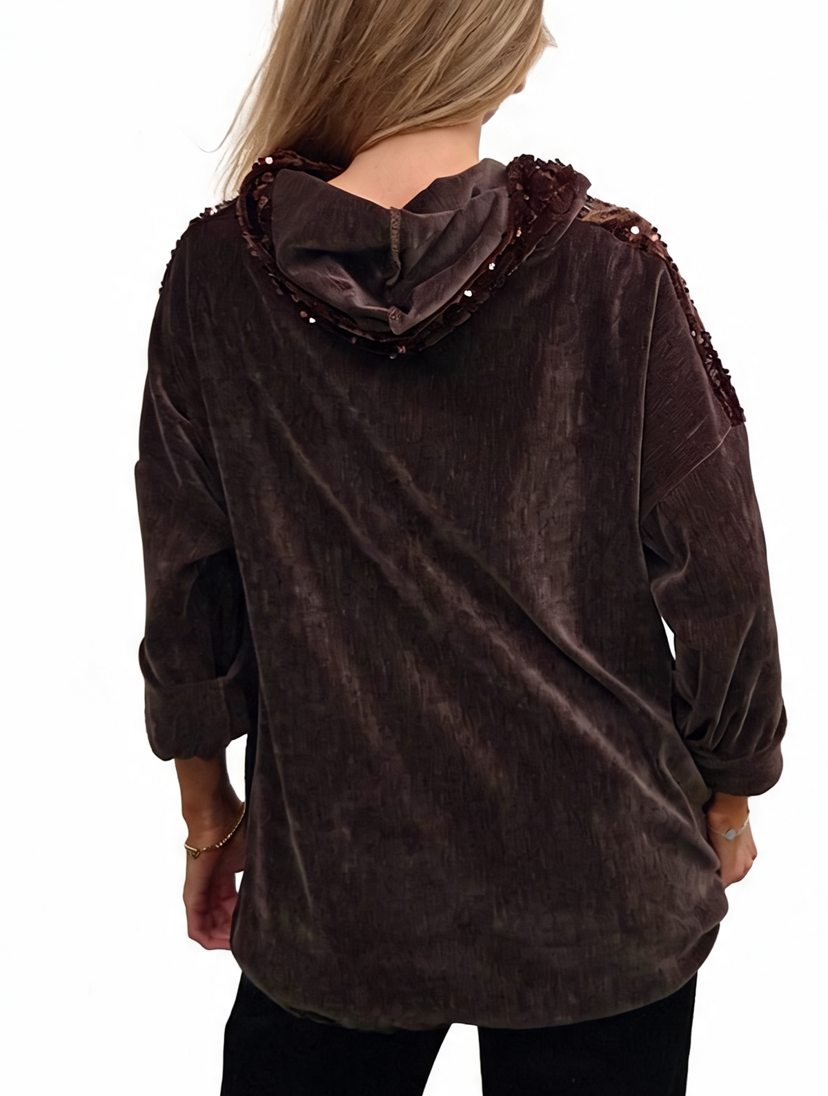 Back view of brown velvet hooded jacket with sequin shoulder trim