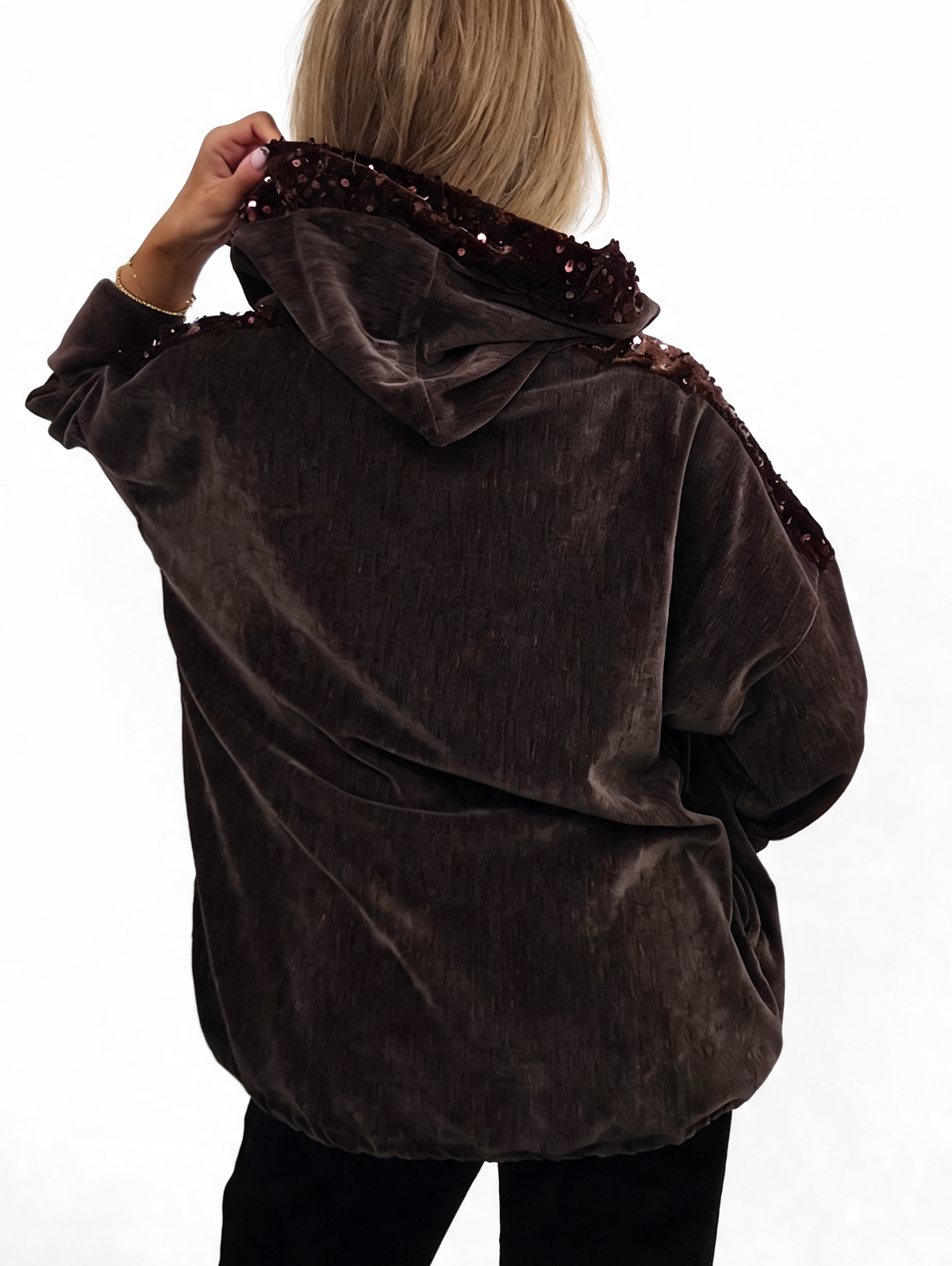 Back view of brown velvet hooded jacket with sequined hood and shoulders