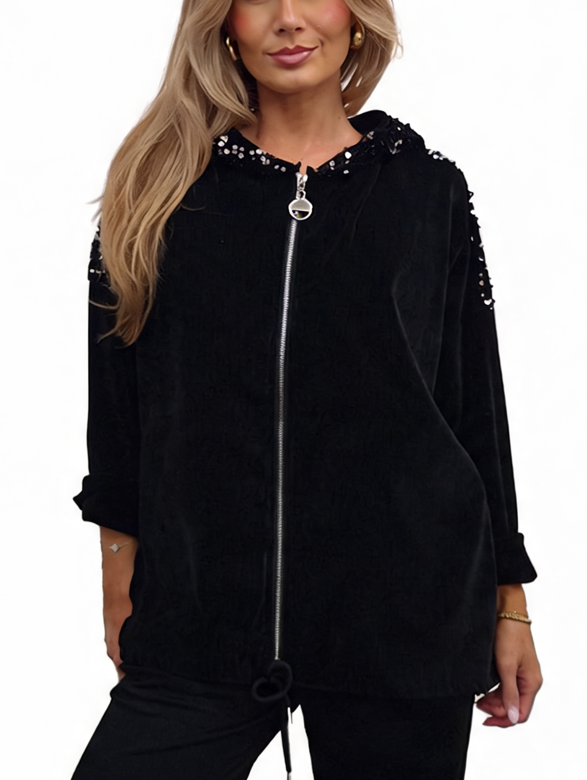 Black velvet hooded jacket with sequin trim and front zipper
