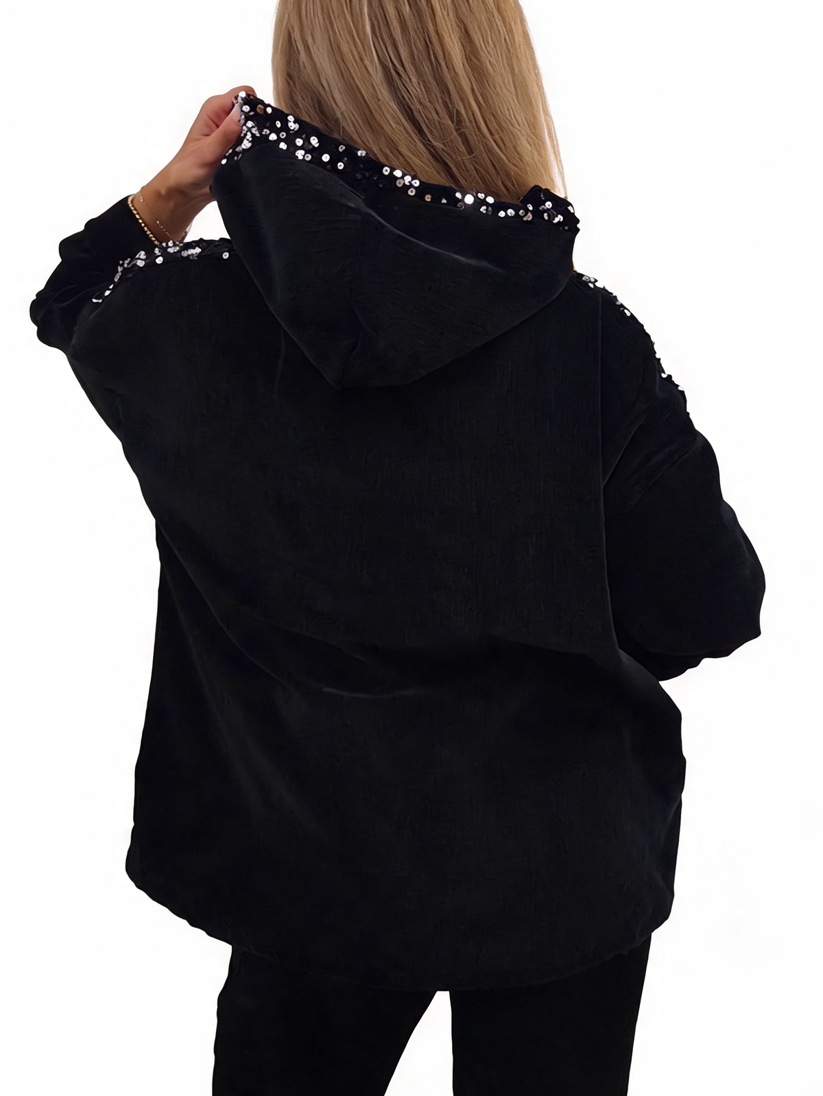 Back of black velvet hooded jacket with sequins along the hood and shoulders