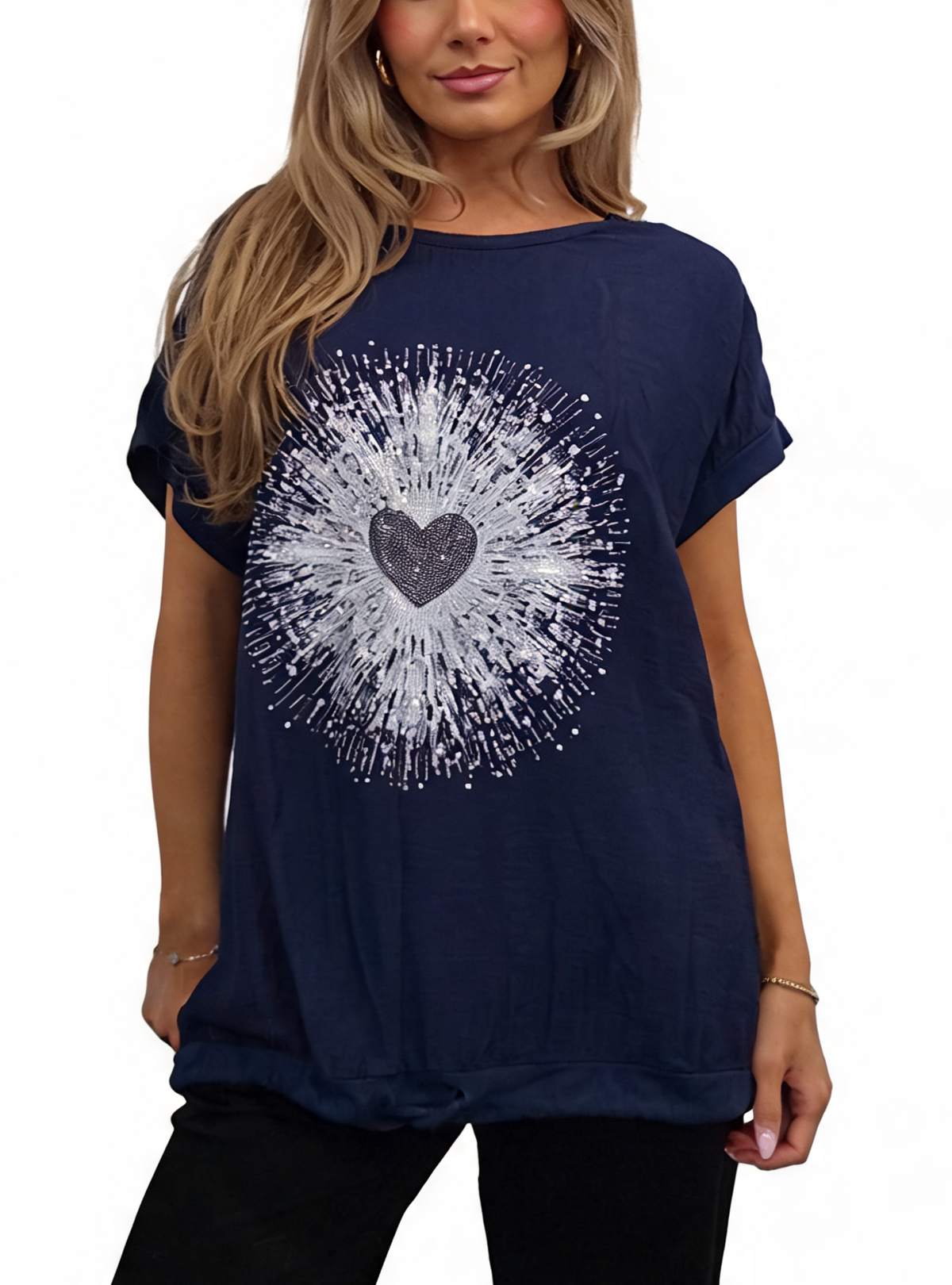 Heartburst Graphic Print Short Sleeve Top with Drawstring Hem