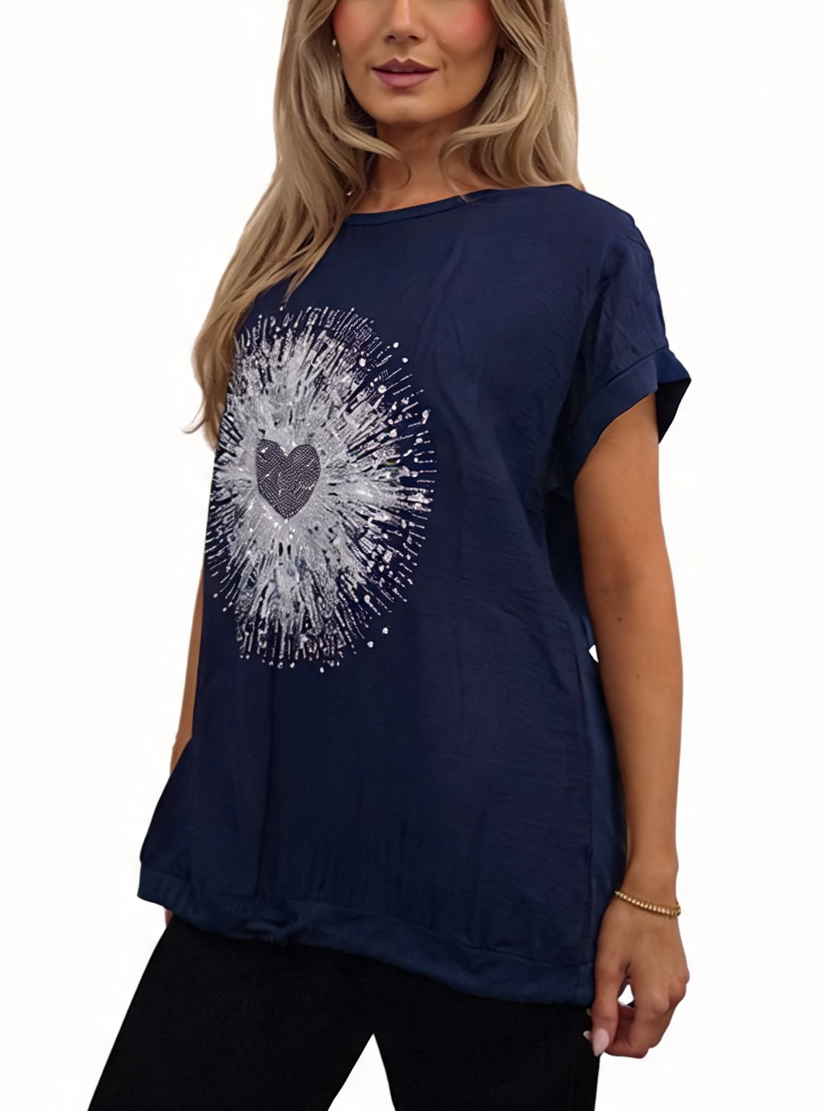 Heartburst Graphic Print Short Sleeve Top with Drawstring Hem