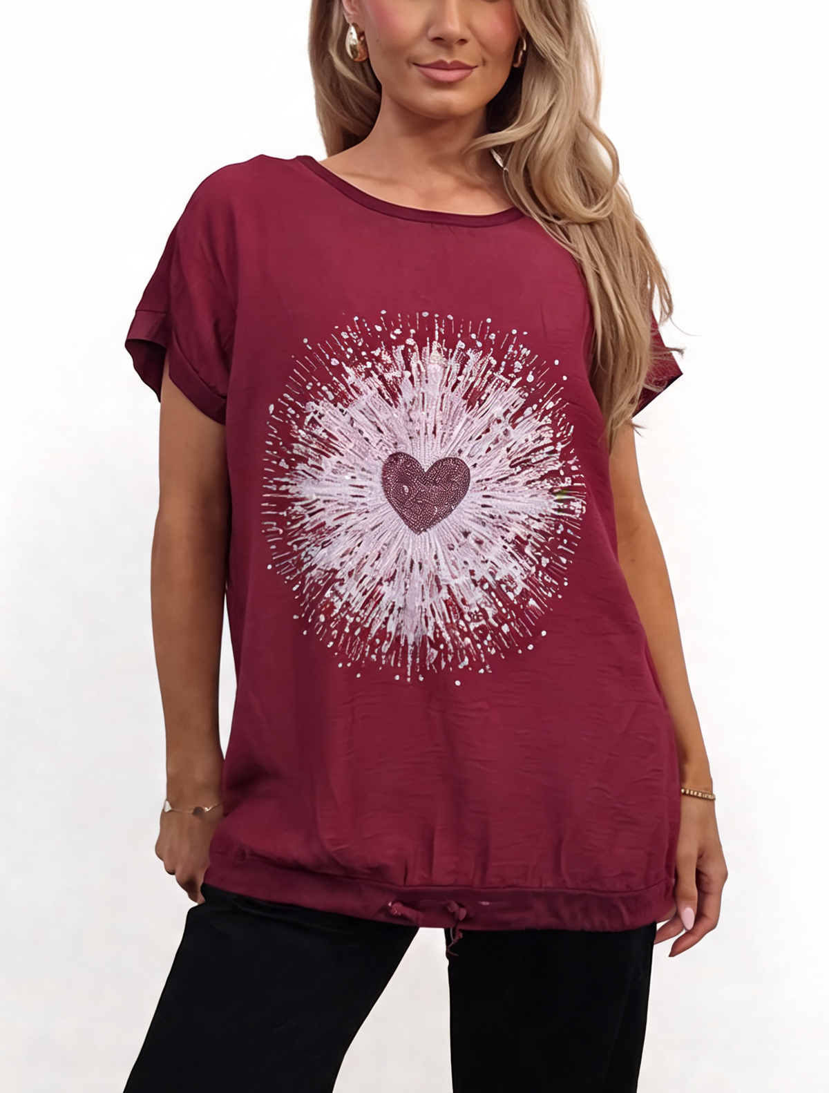 Heartburst Graphic Print Short Sleeve Top with Drawstring Hem