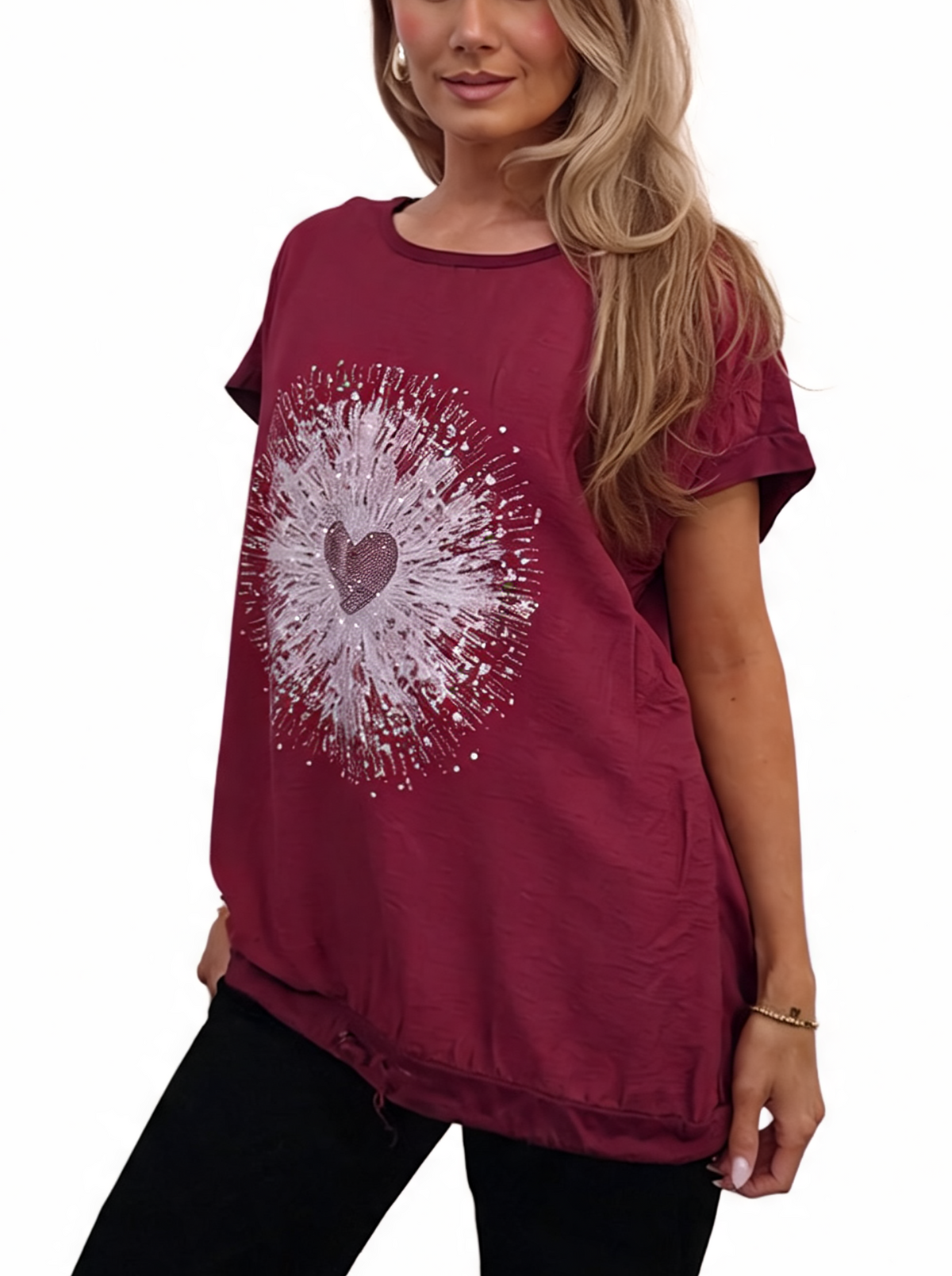 Heartburst Graphic Print Short Sleeve Top with Drawstring Hem