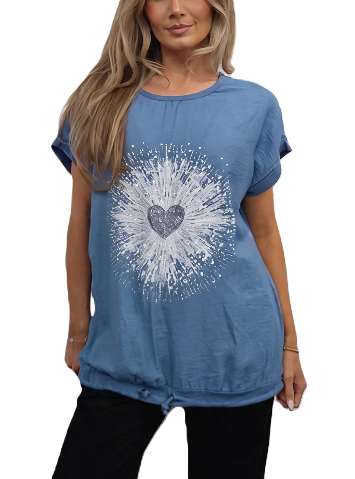 Heartburst Graphic Print Short Sleeve Top with Drawstring Hem