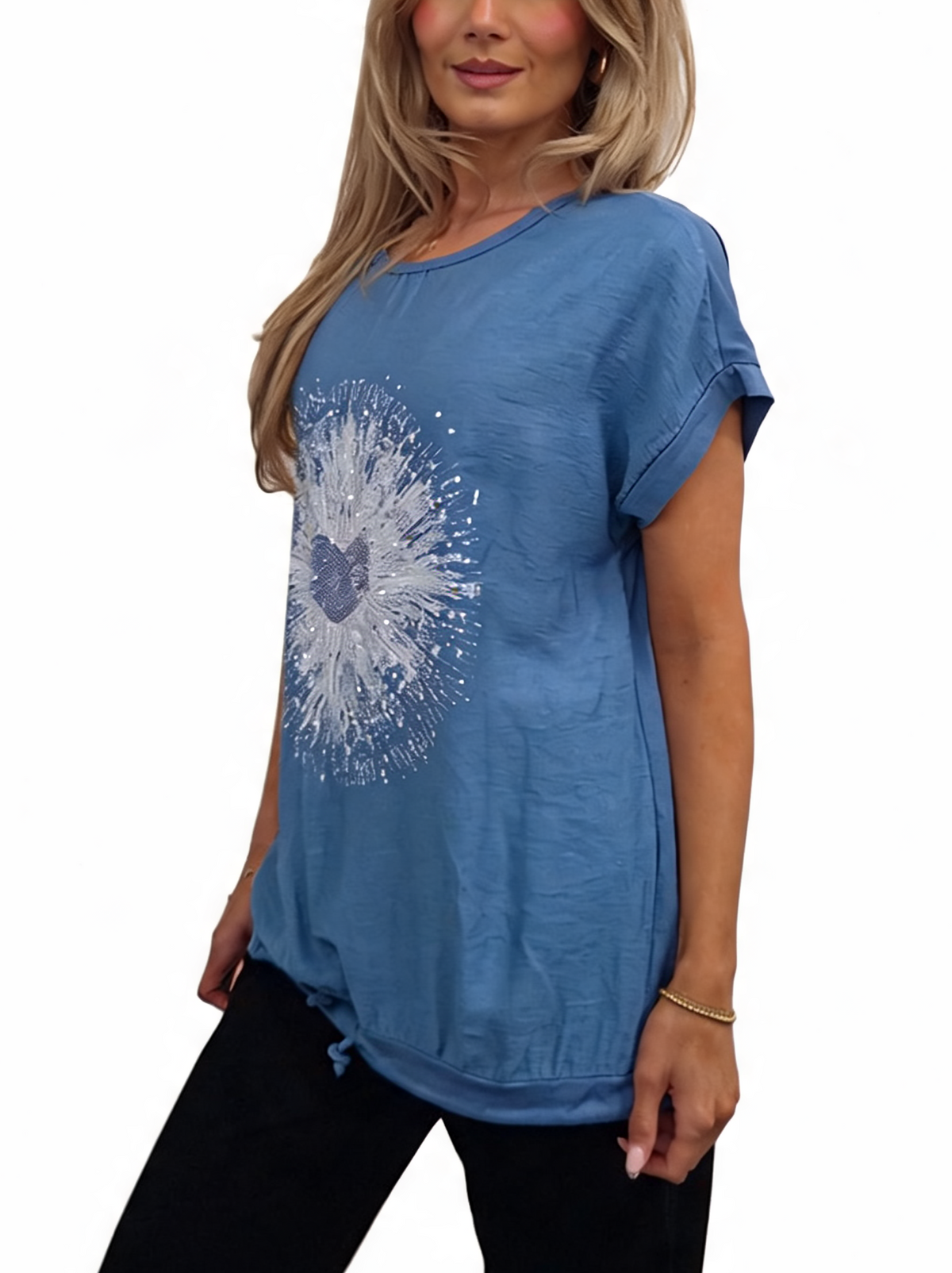 Heartburst Graphic Print Short Sleeve Top with Drawstring Hem