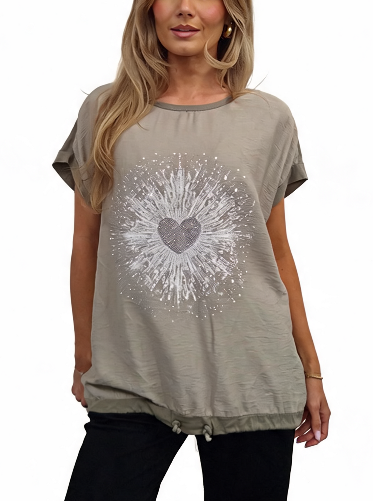 Heartburst Graphic Print Short Sleeve Top with Drawstring Hem